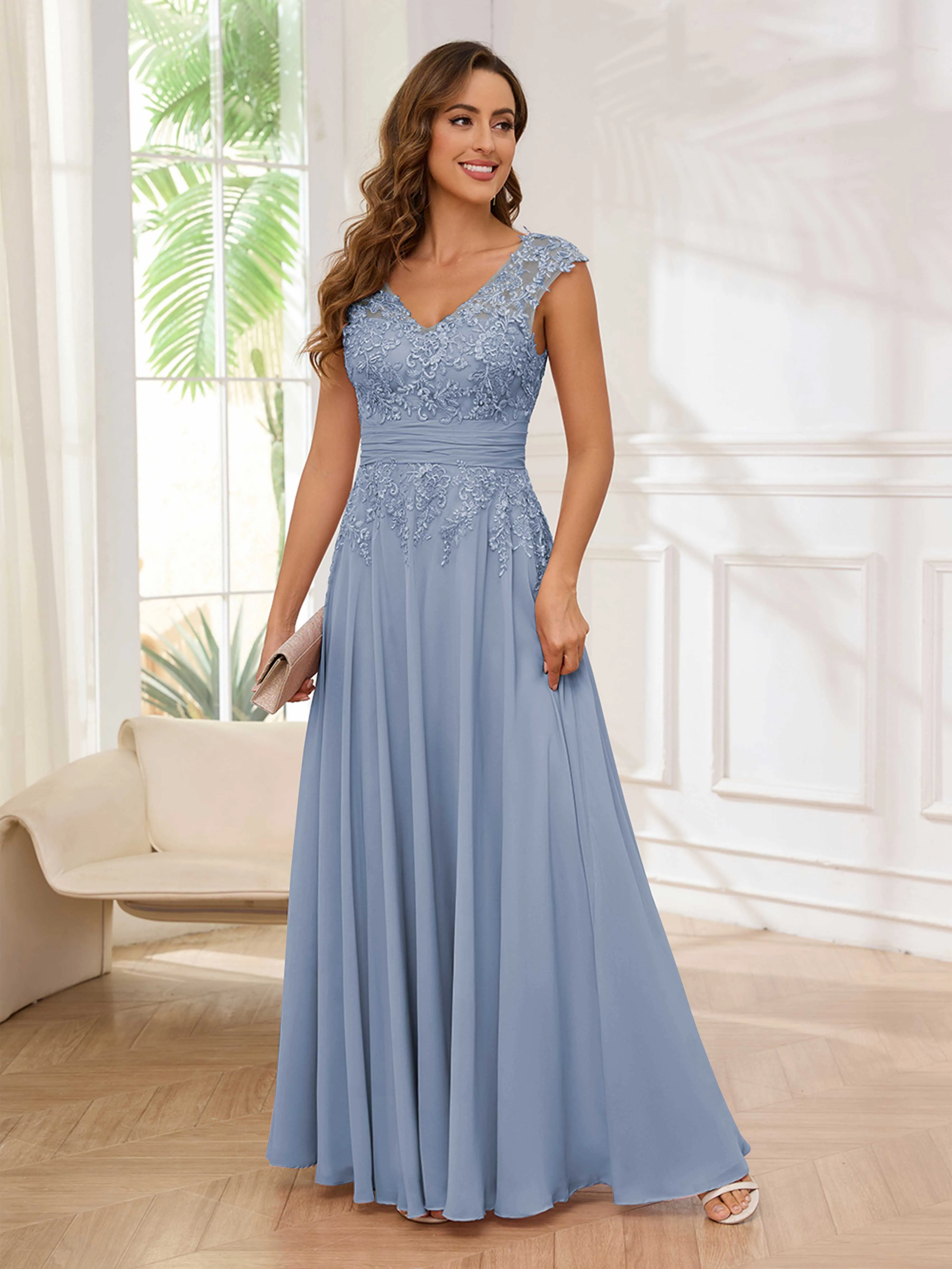 Ailani Delicate A-Line V Neck Lace Pleated Long Chiffon Mother of the Bride Dresses