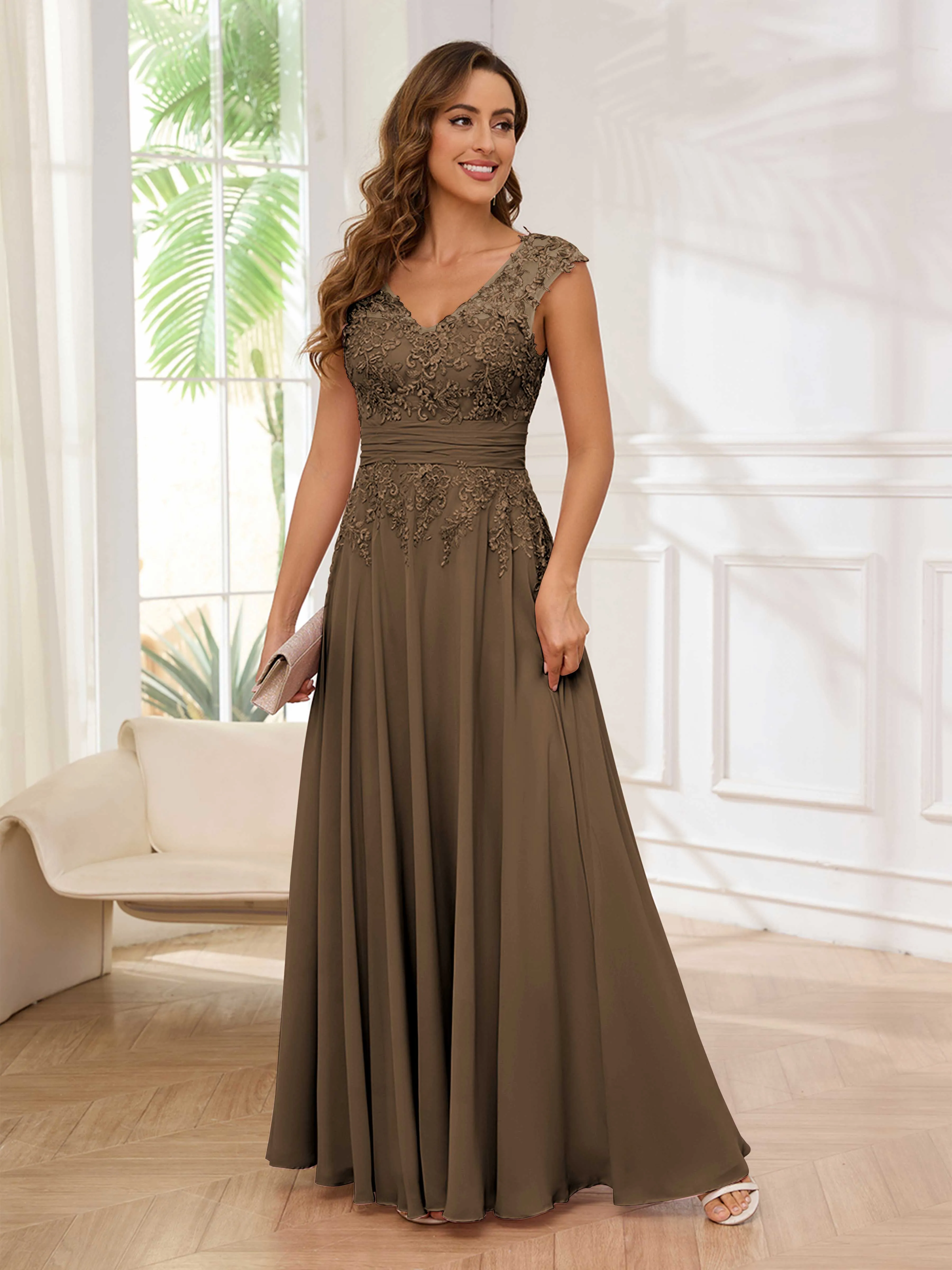 Ailani Delicate A-Line V Neck Lace Pleated Long Chiffon Mother of the Bride Dresses