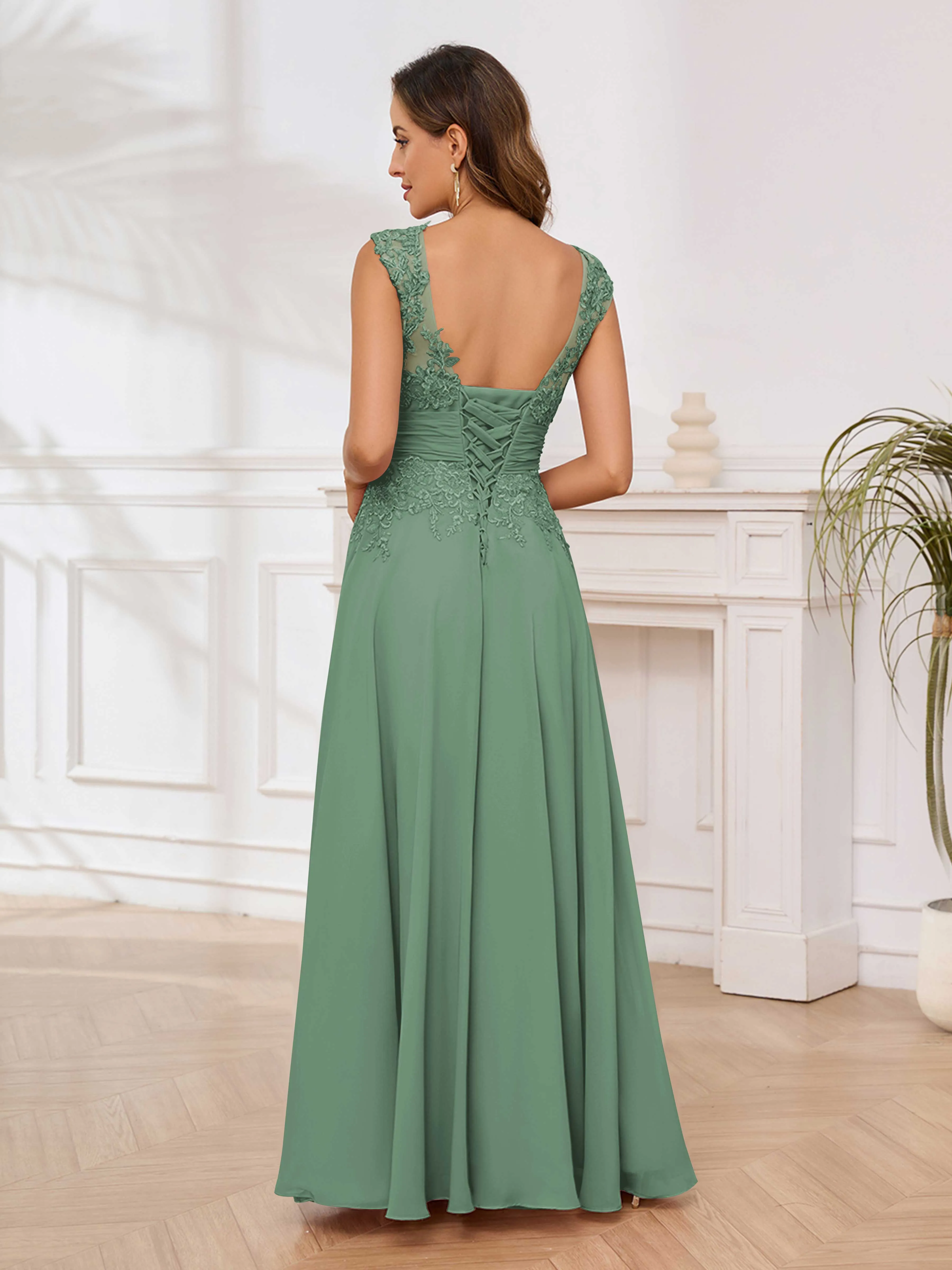 Ailani Delicate A-Line V Neck Lace Pleated Long Chiffon Mother of the Bride Dresses