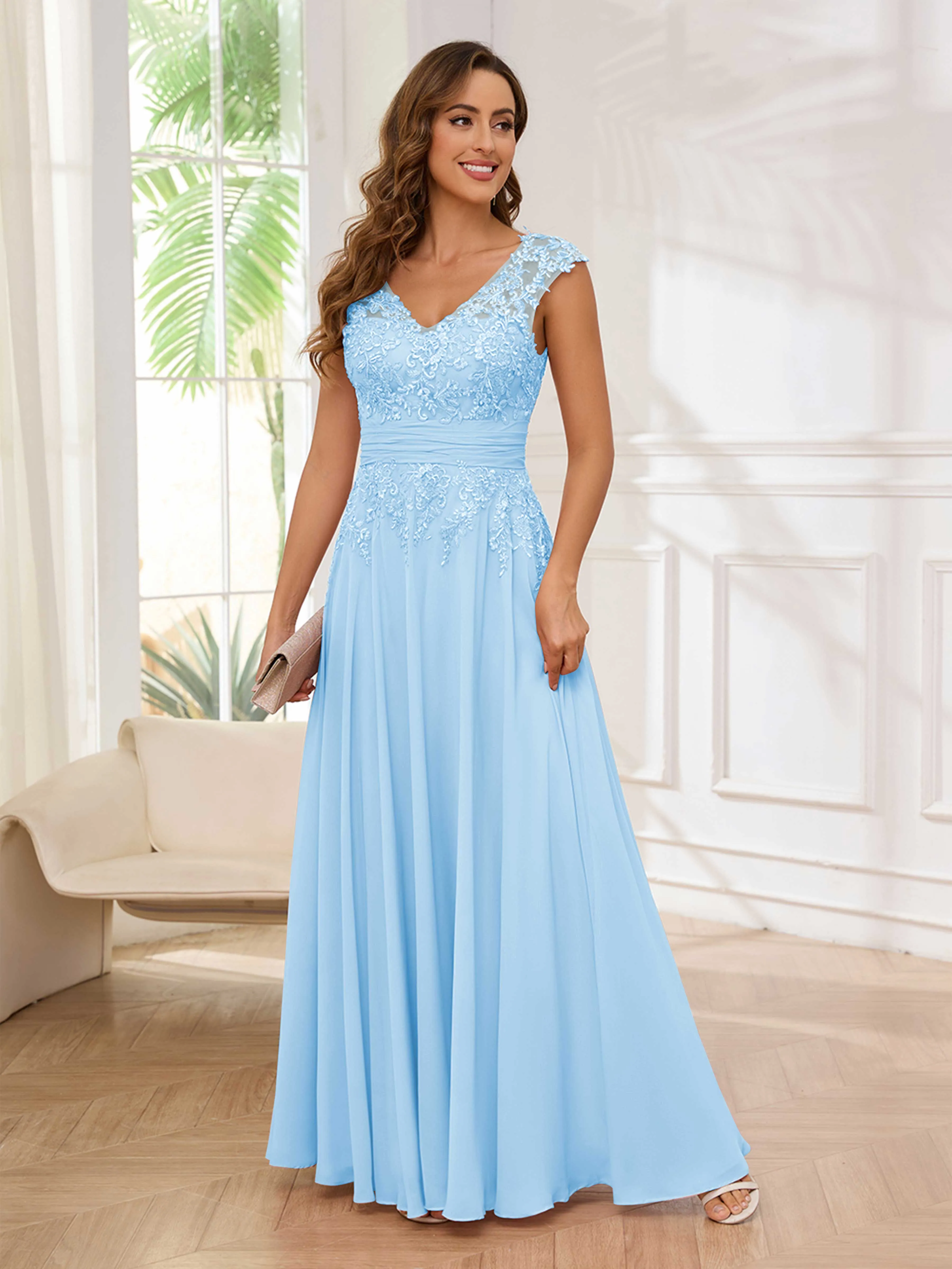 Ailani Delicate A-Line V Neck Lace Pleated Long Chiffon Mother of the Bride Dresses