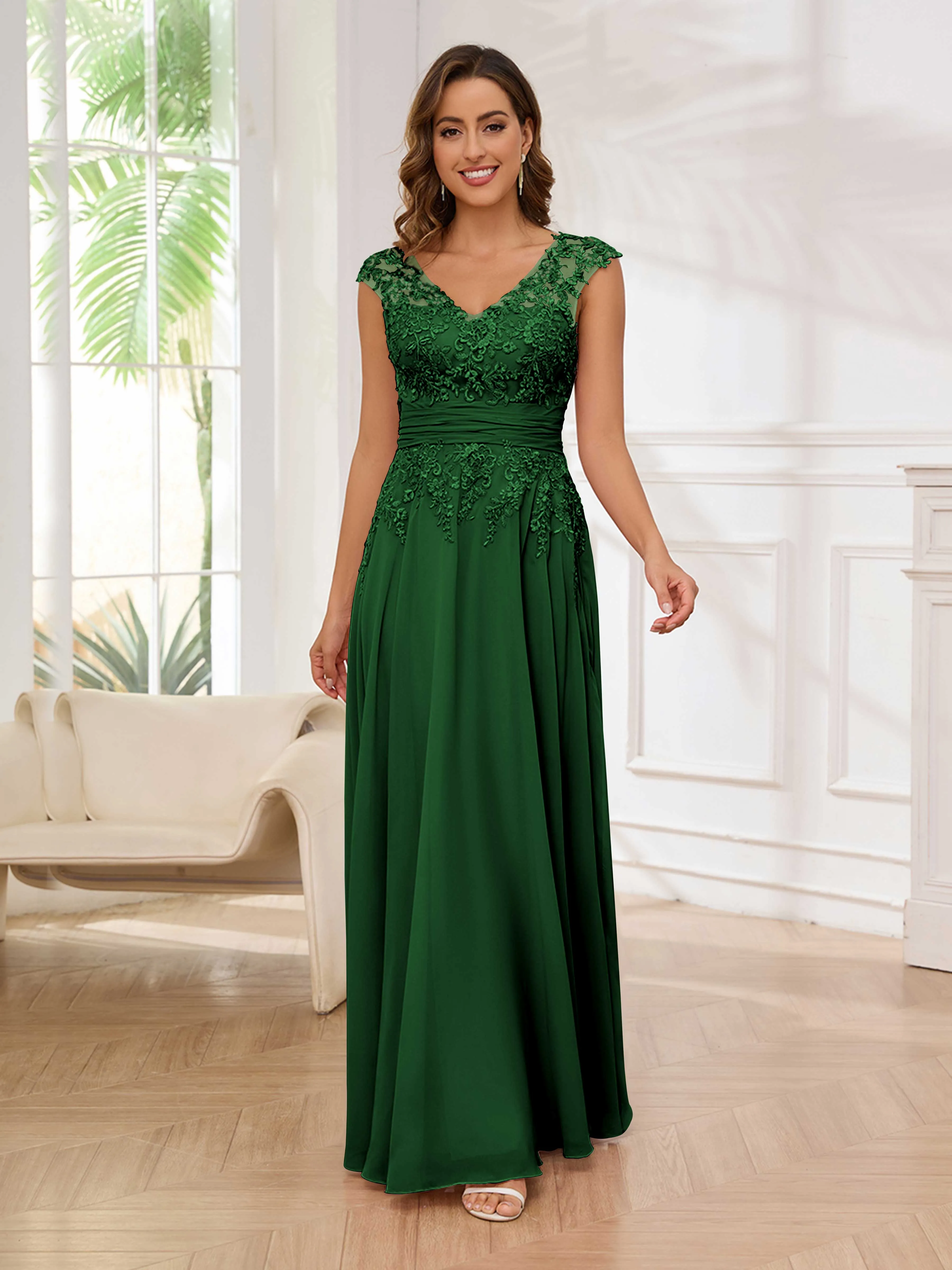 Ailani Delicate A-Line V Neck Lace Pleated Long Chiffon Mother of the Bride Dresses