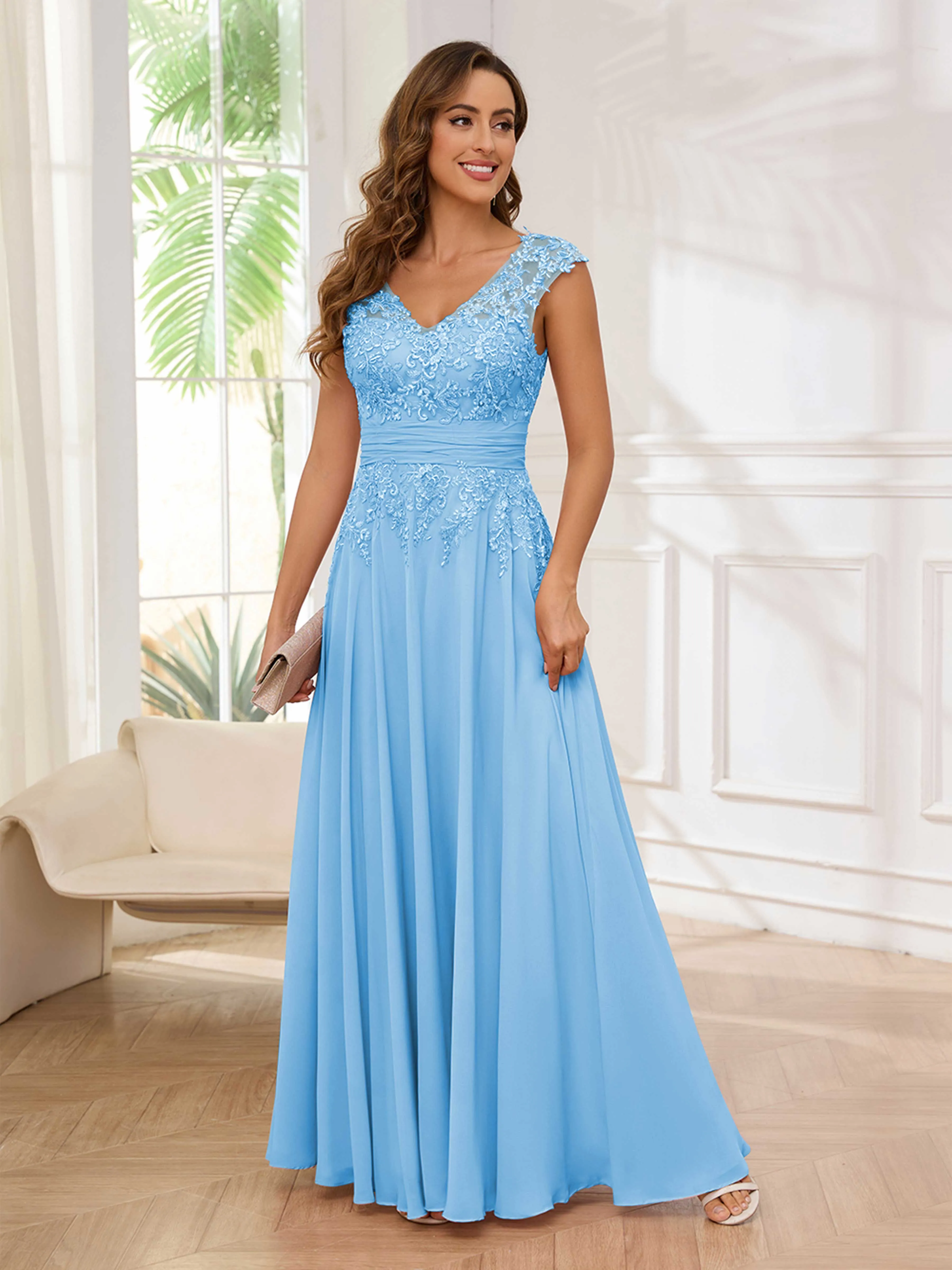 Ailani Delicate A-Line V Neck Lace Pleated Long Chiffon Mother of the Bride Dresses