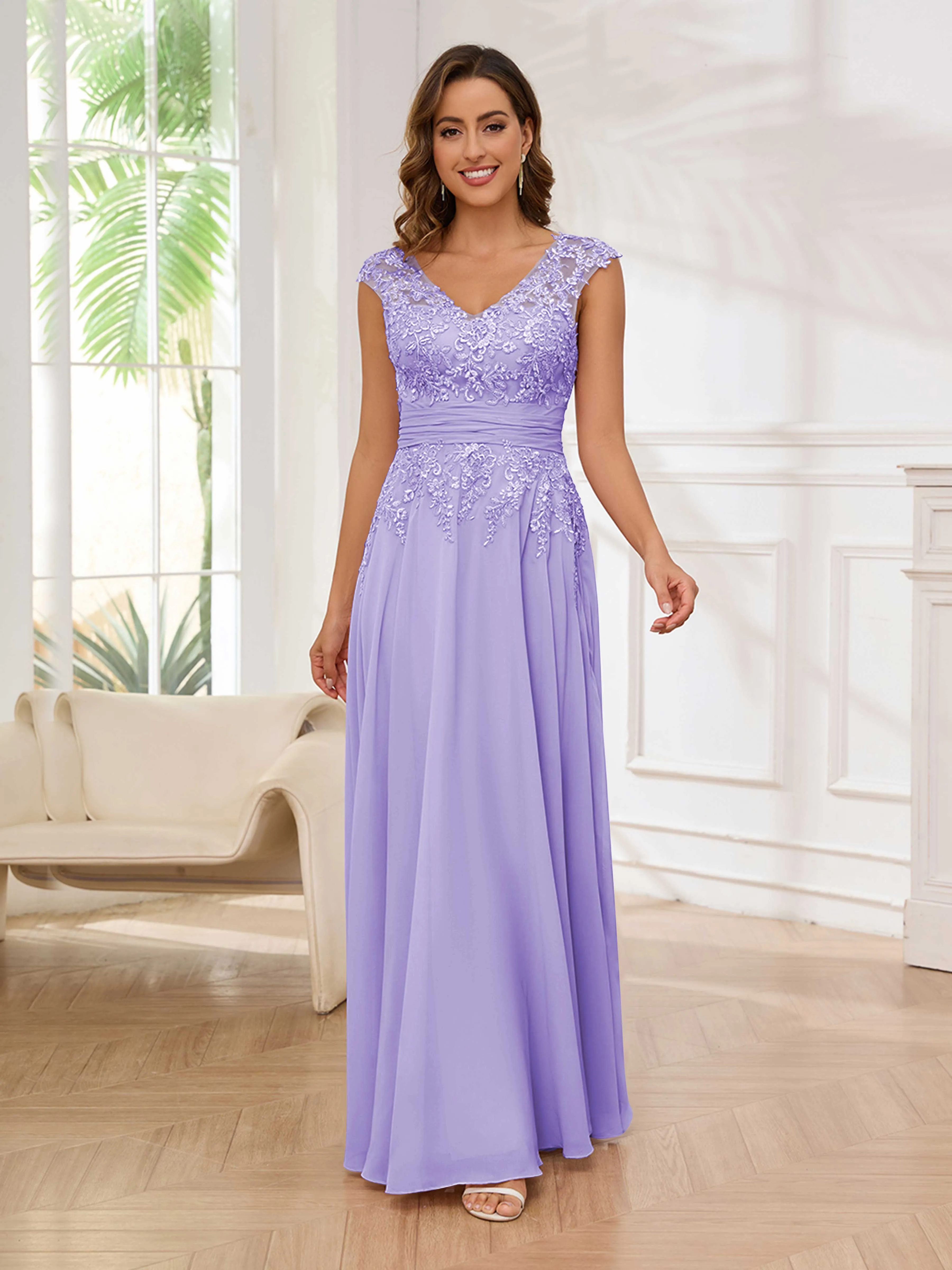 Ailani Delicate A-Line V Neck Lace Pleated Long Chiffon Mother of the Bride Dresses