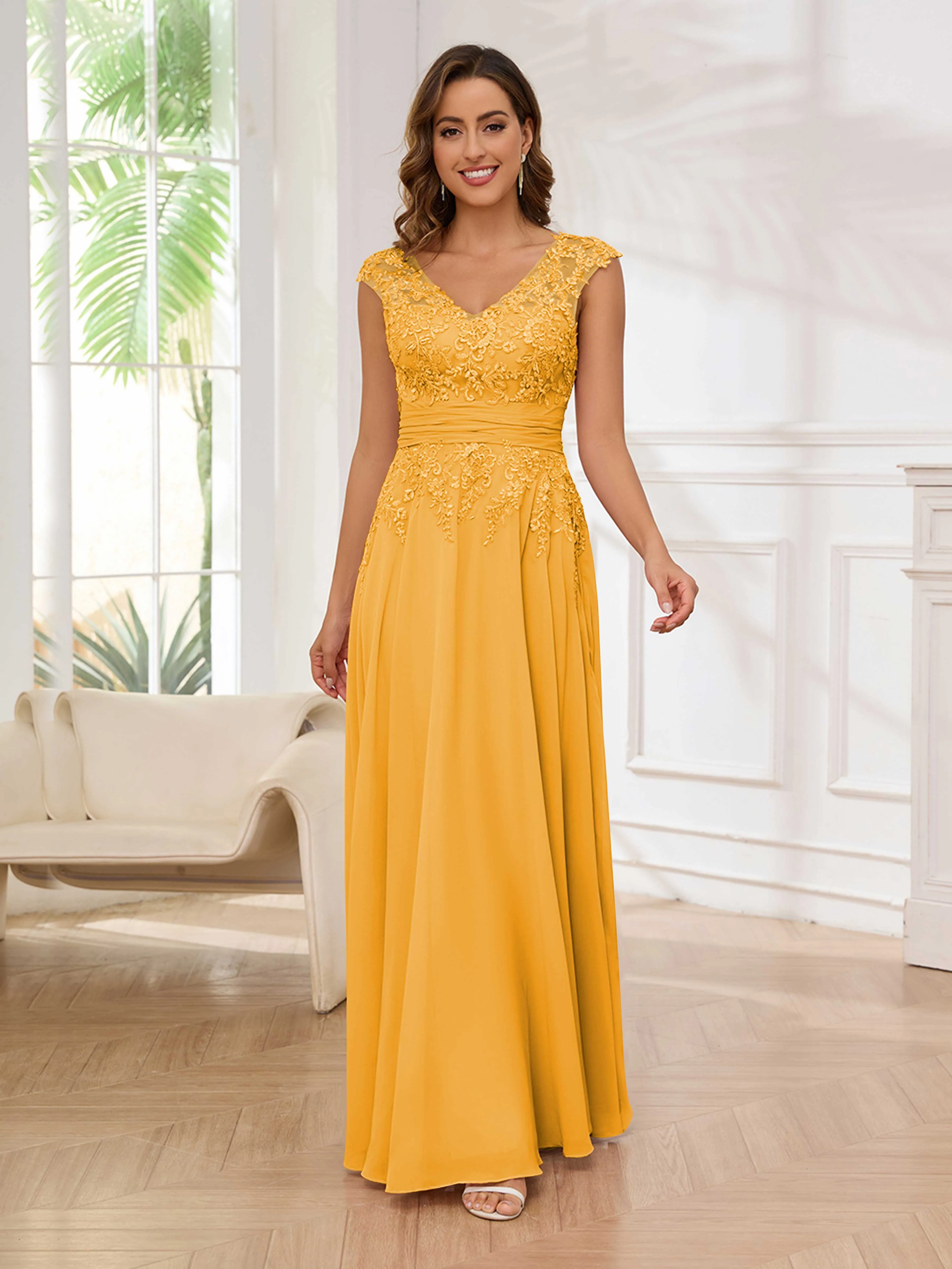 Ailani Delicate A-Line V Neck Lace Pleated Long Chiffon Mother of the Bride Dresses
