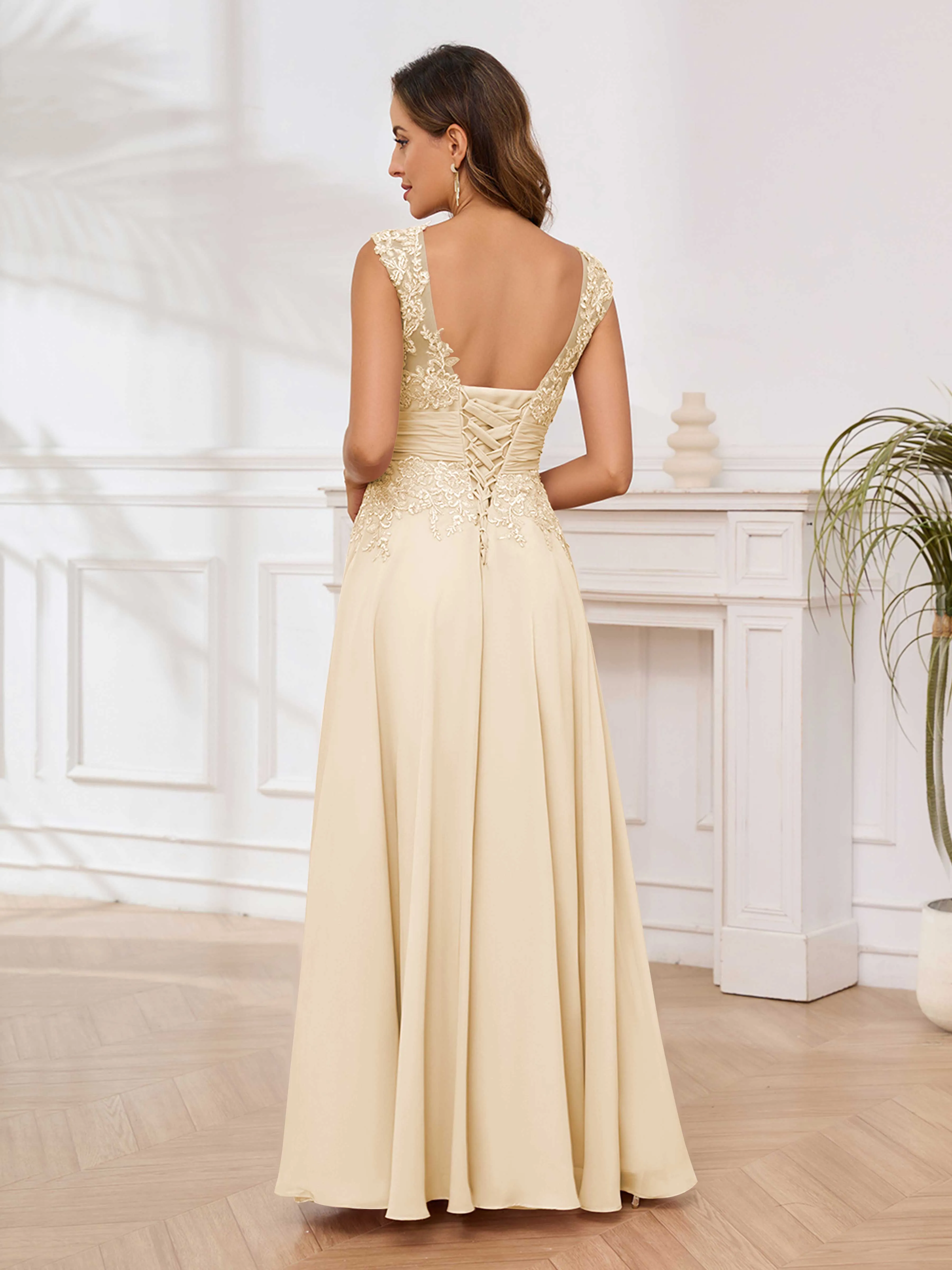 Ailani Delicate A-Line V Neck Lace Pleated Long Chiffon Mother of the Bride Dresses