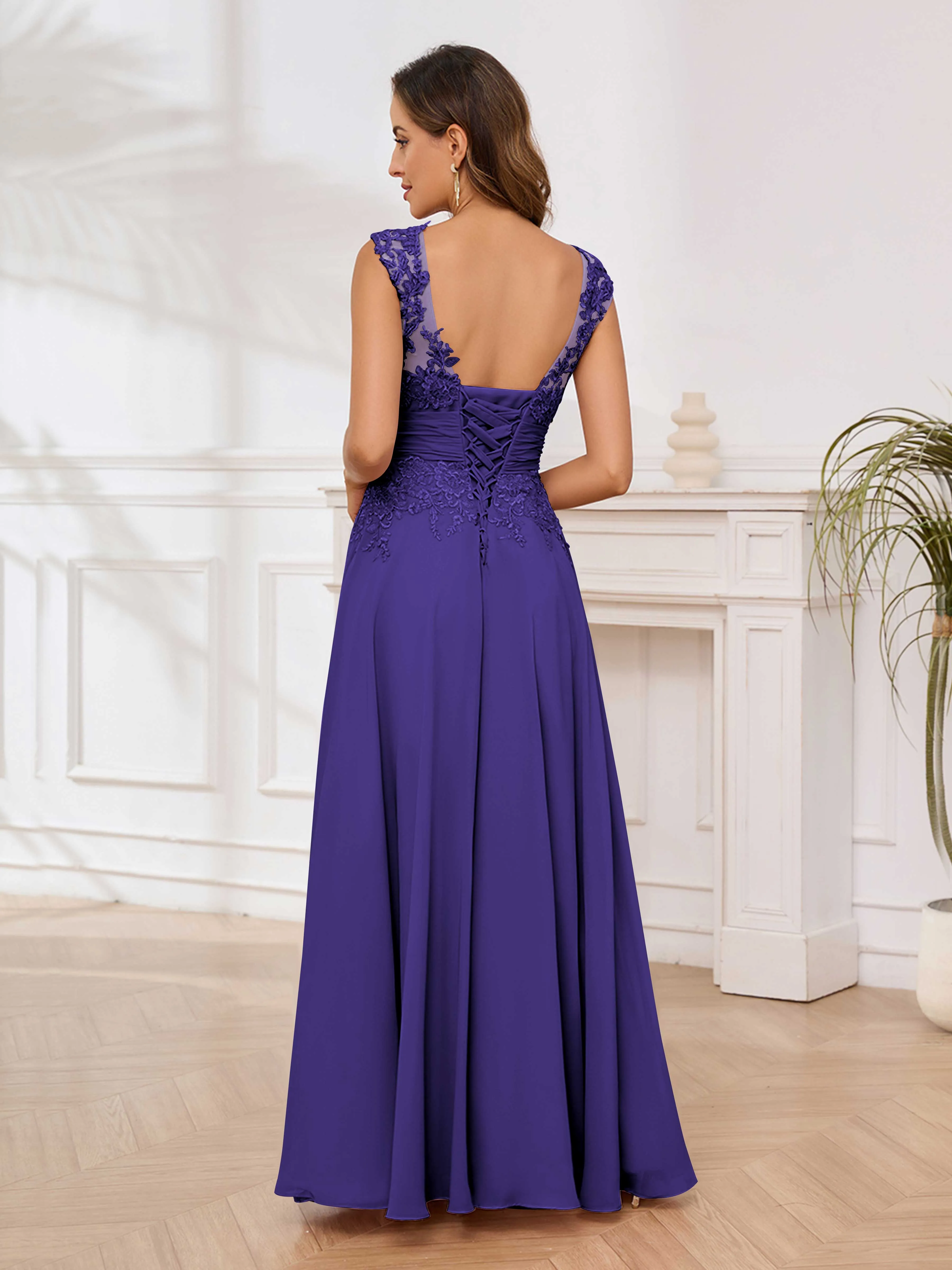 Ailani Delicate A-Line V Neck Lace Pleated Long Chiffon Mother of the Bride Dresses