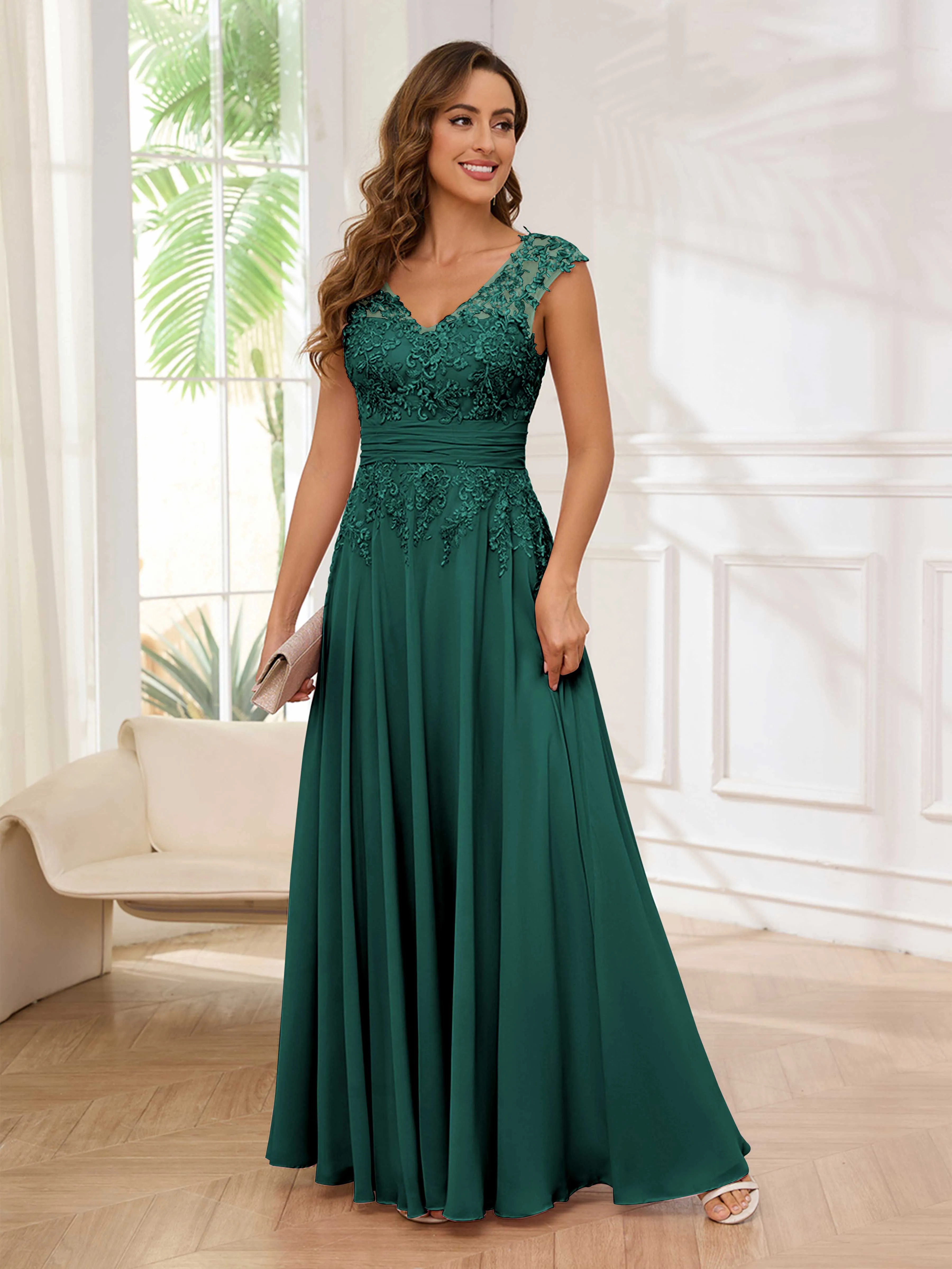 Ailani Delicate A-Line V Neck Lace Pleated Long Chiffon Mother of the Bride Dresses
