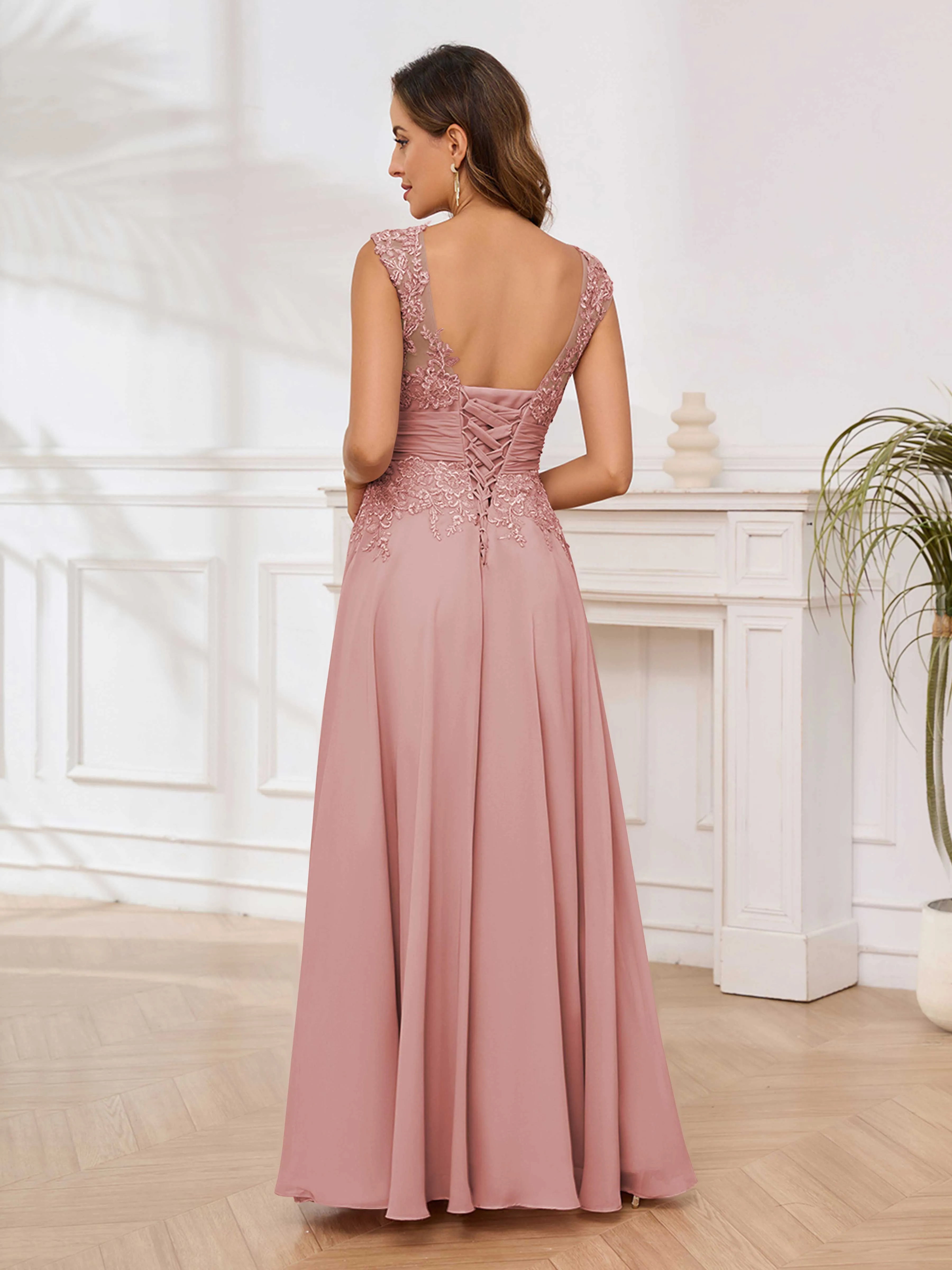 Ailani Delicate A-Line V Neck Lace Pleated Long Chiffon Mother of the Bride Dresses