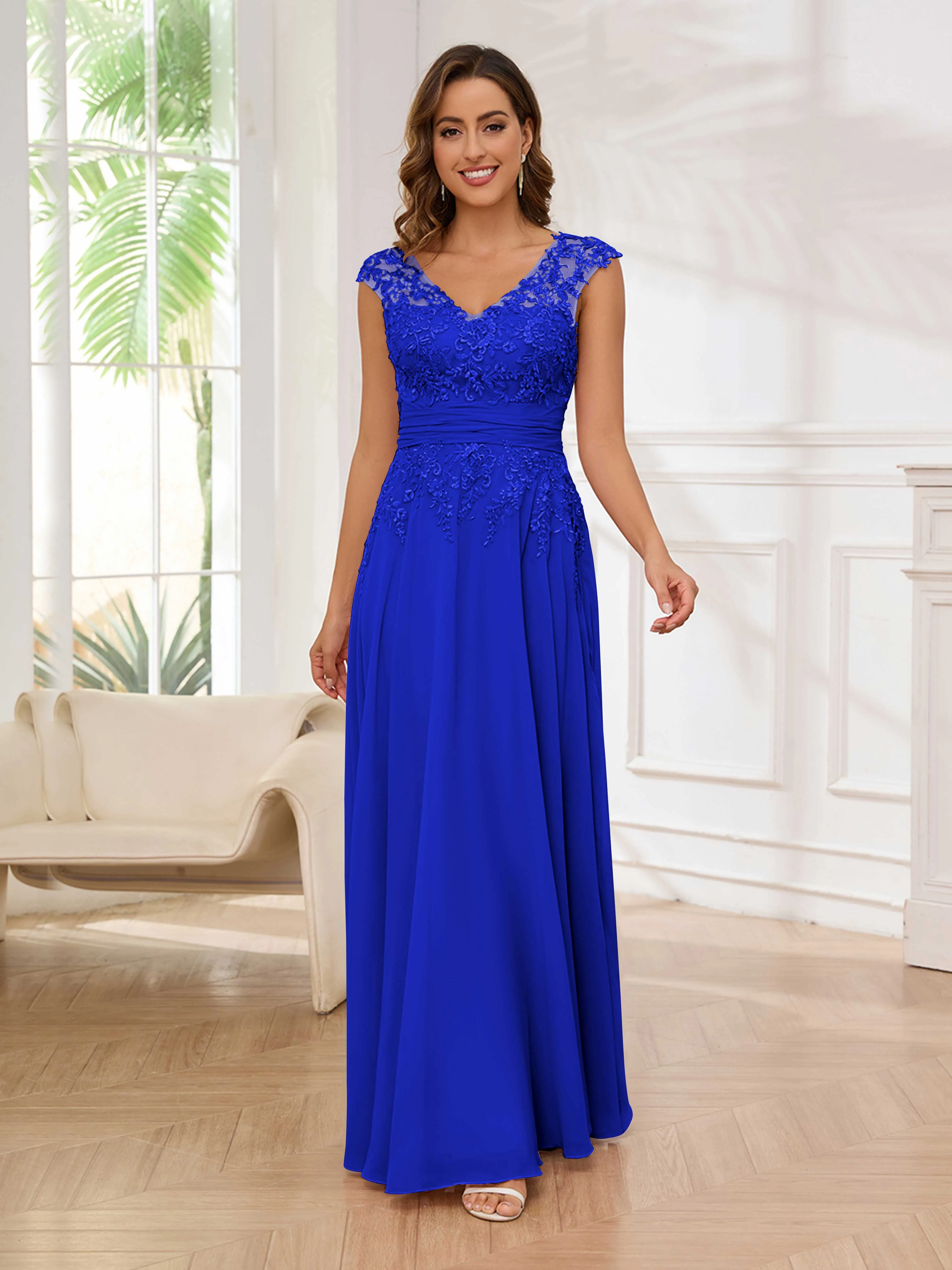 Ailani Delicate A-Line V Neck Lace Pleated Long Chiffon Mother of the Bride Dresses
