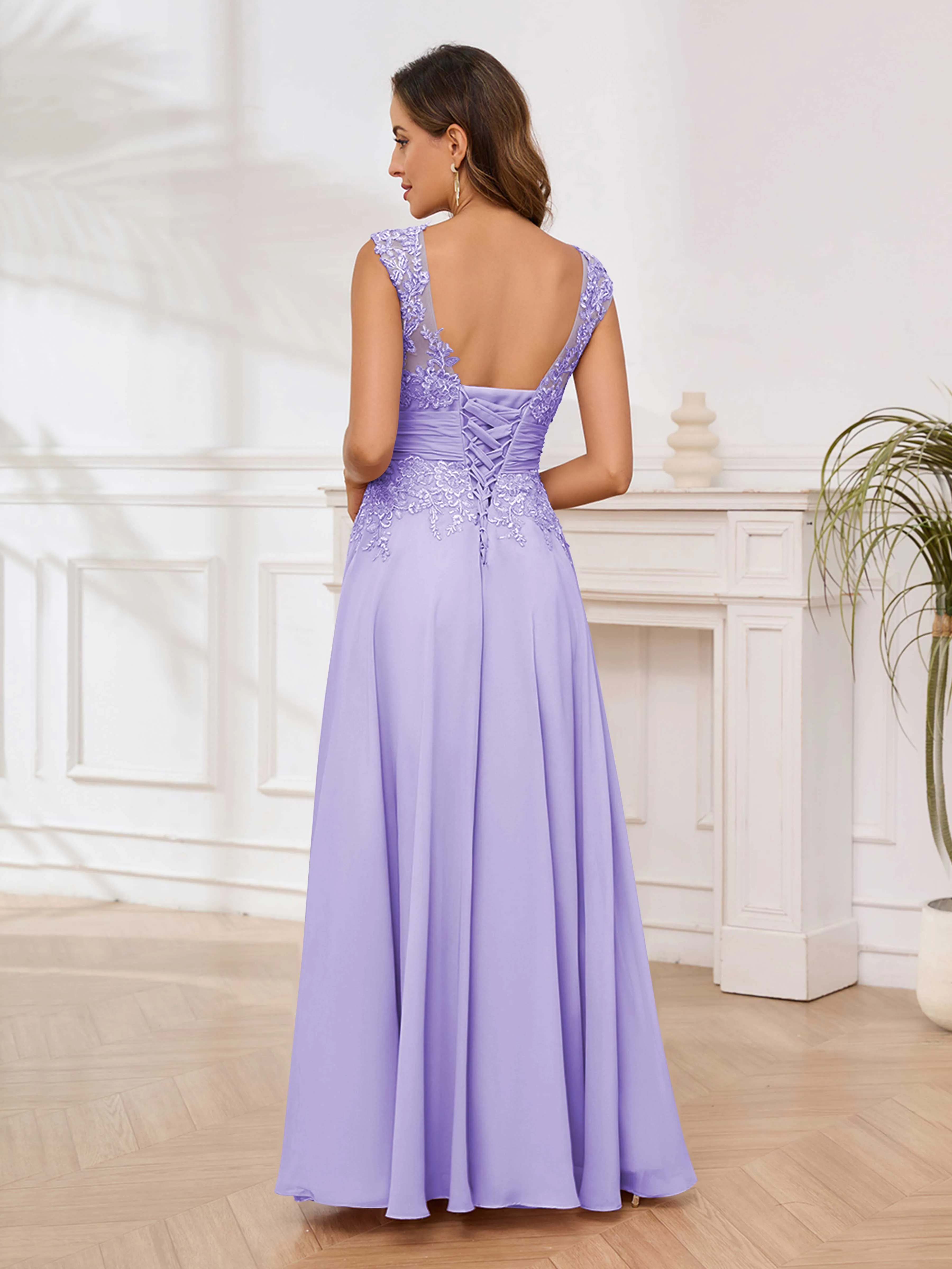 Ailani Delicate A-Line V Neck Lace Pleated Long Chiffon Mother of the Bride Dresses