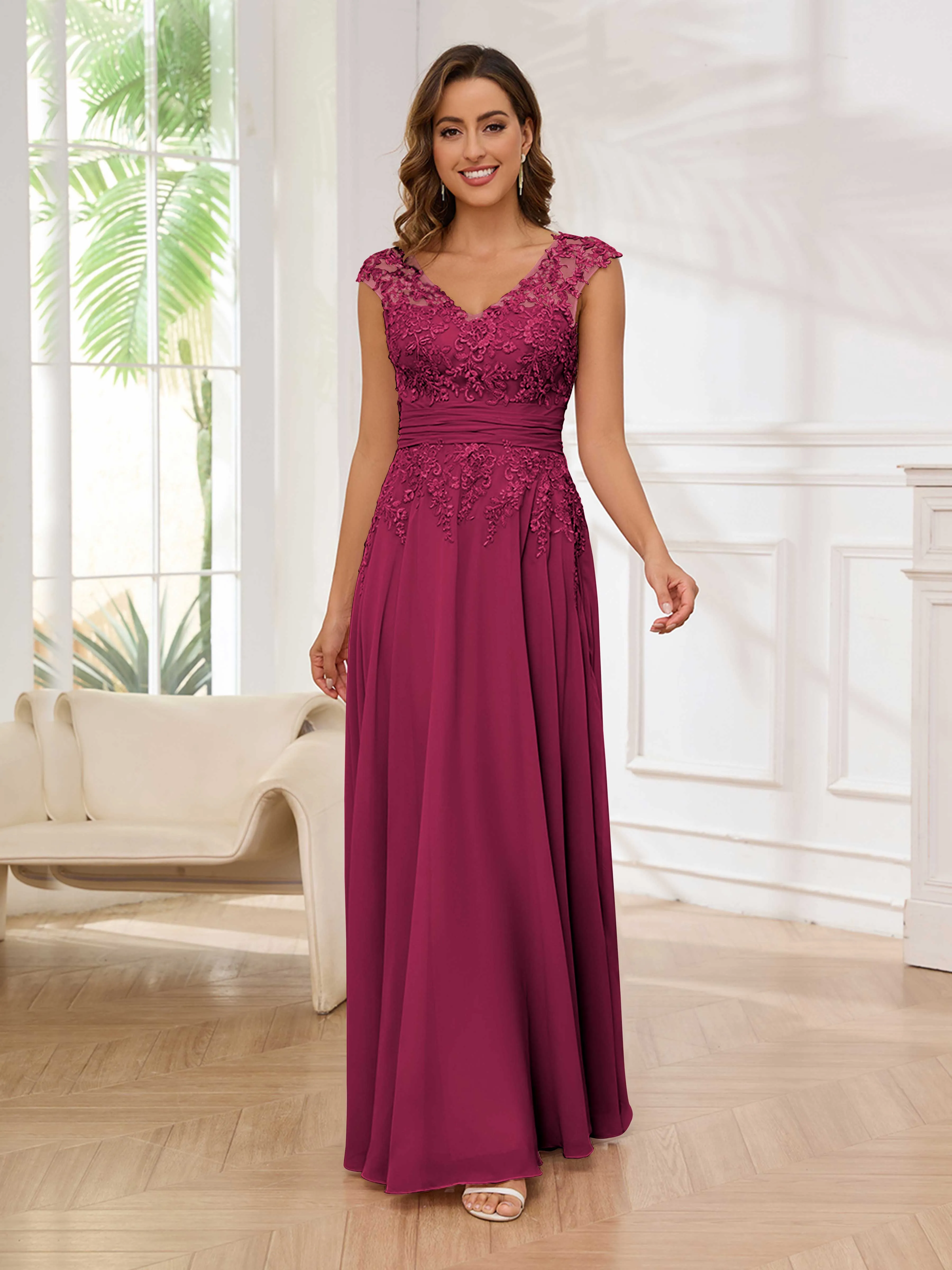 Ailani Delicate A-Line V Neck Lace Pleated Long Chiffon Mother of the Bride Dresses