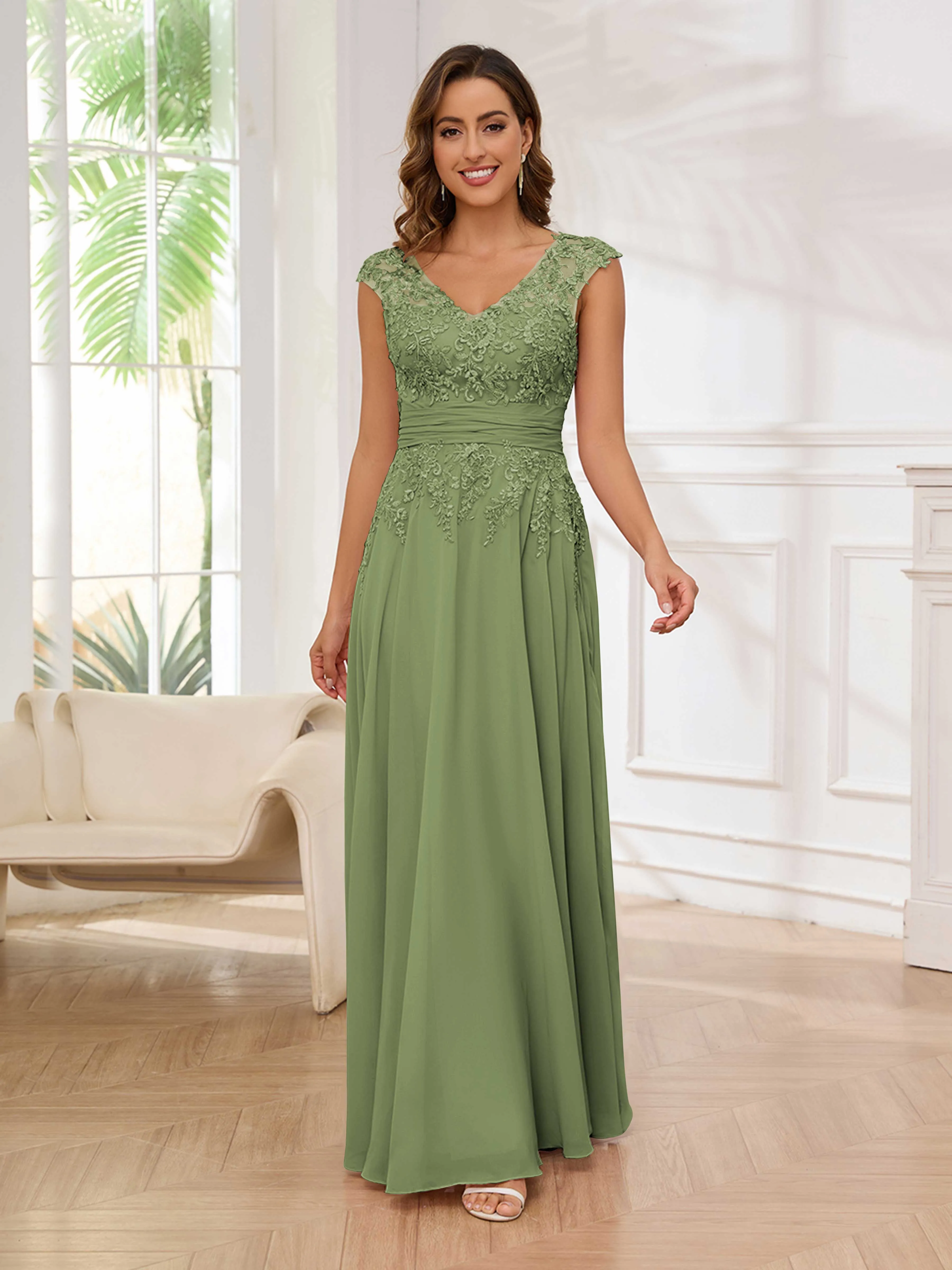 Ailani Delicate A-Line V Neck Lace Pleated Long Chiffon Mother of the Bride Dresses