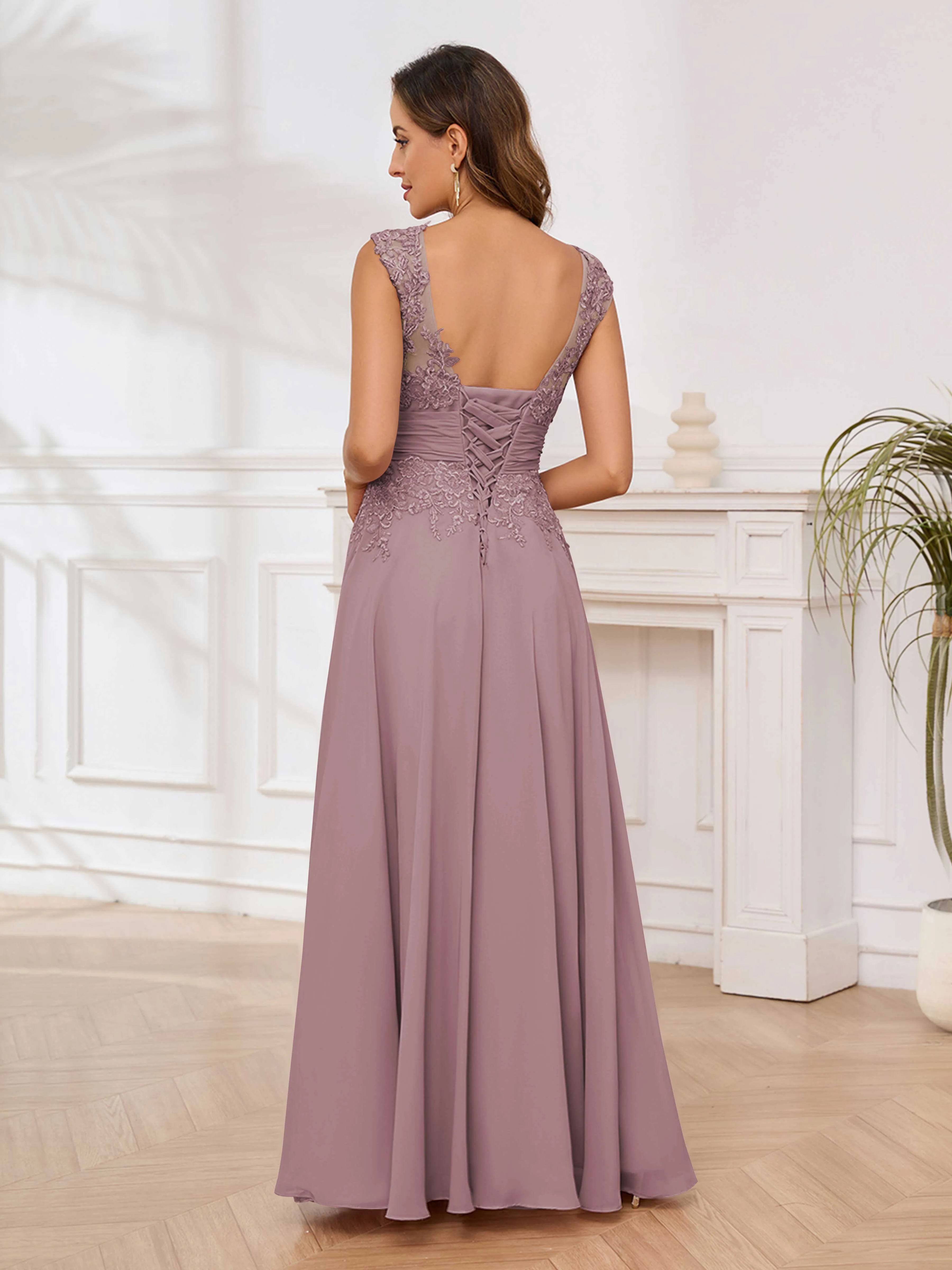 Ailani Delicate A-Line V Neck Lace Pleated Long Chiffon Mother of the Bride Dresses