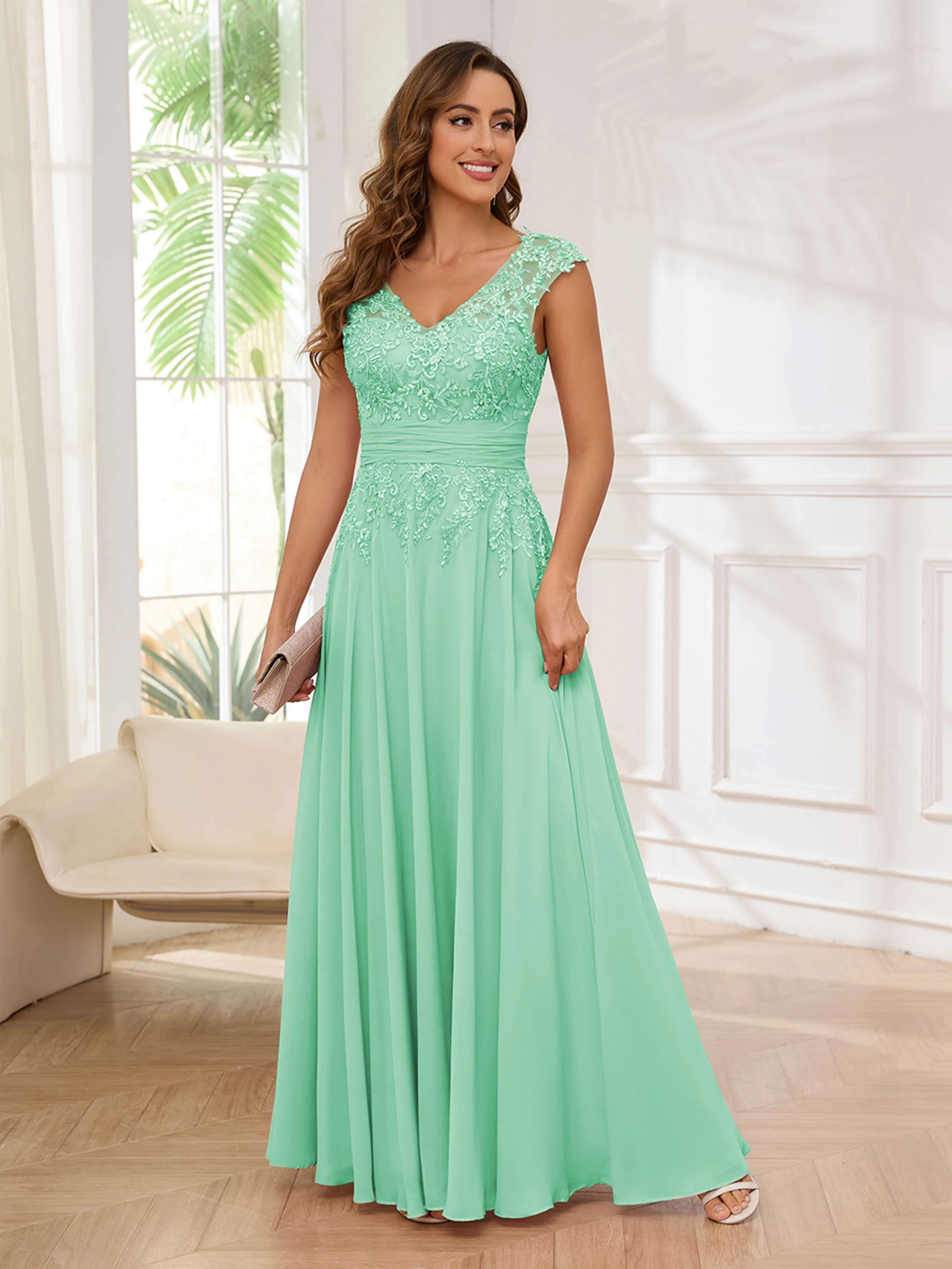 Ailani Delicate A-Line V Neck Lace Pleated Long Chiffon Mother of the Bride Dresses