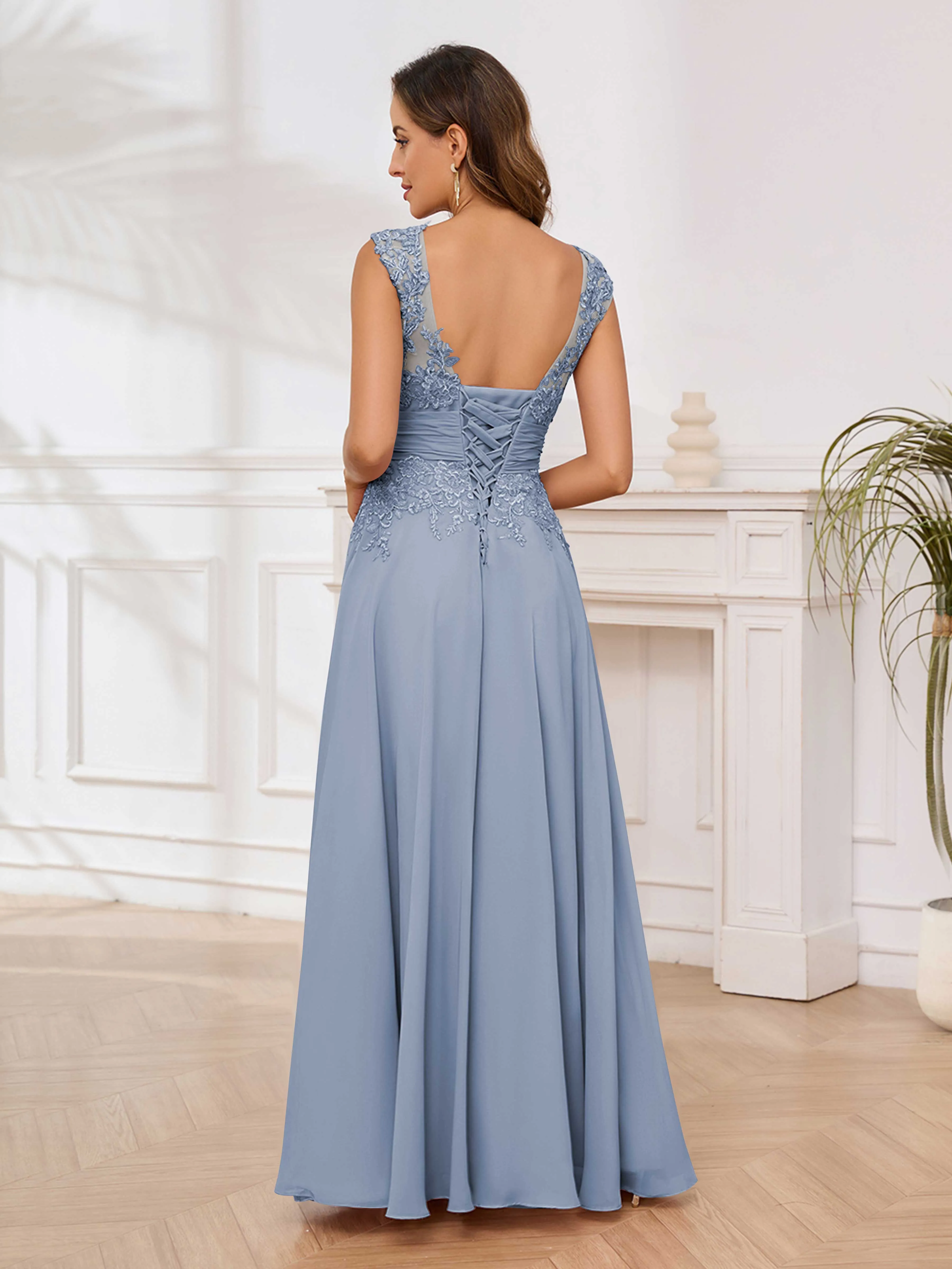 Ailani Delicate A-Line V Neck Lace Pleated Long Chiffon Mother of the Bride Dresses