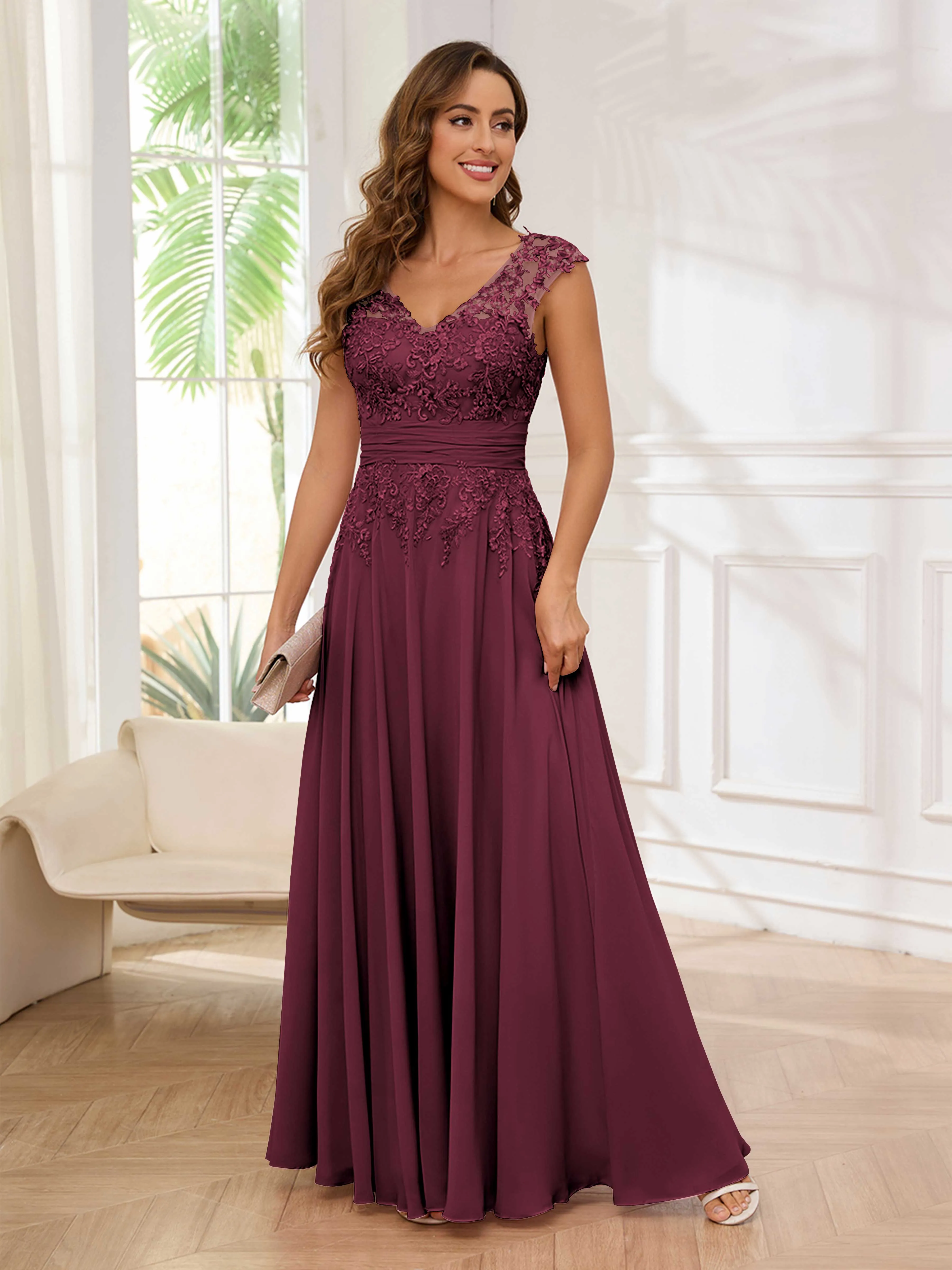 Ailani Delicate A-Line V Neck Lace Pleated Long Chiffon Mother of the Bride Dresses