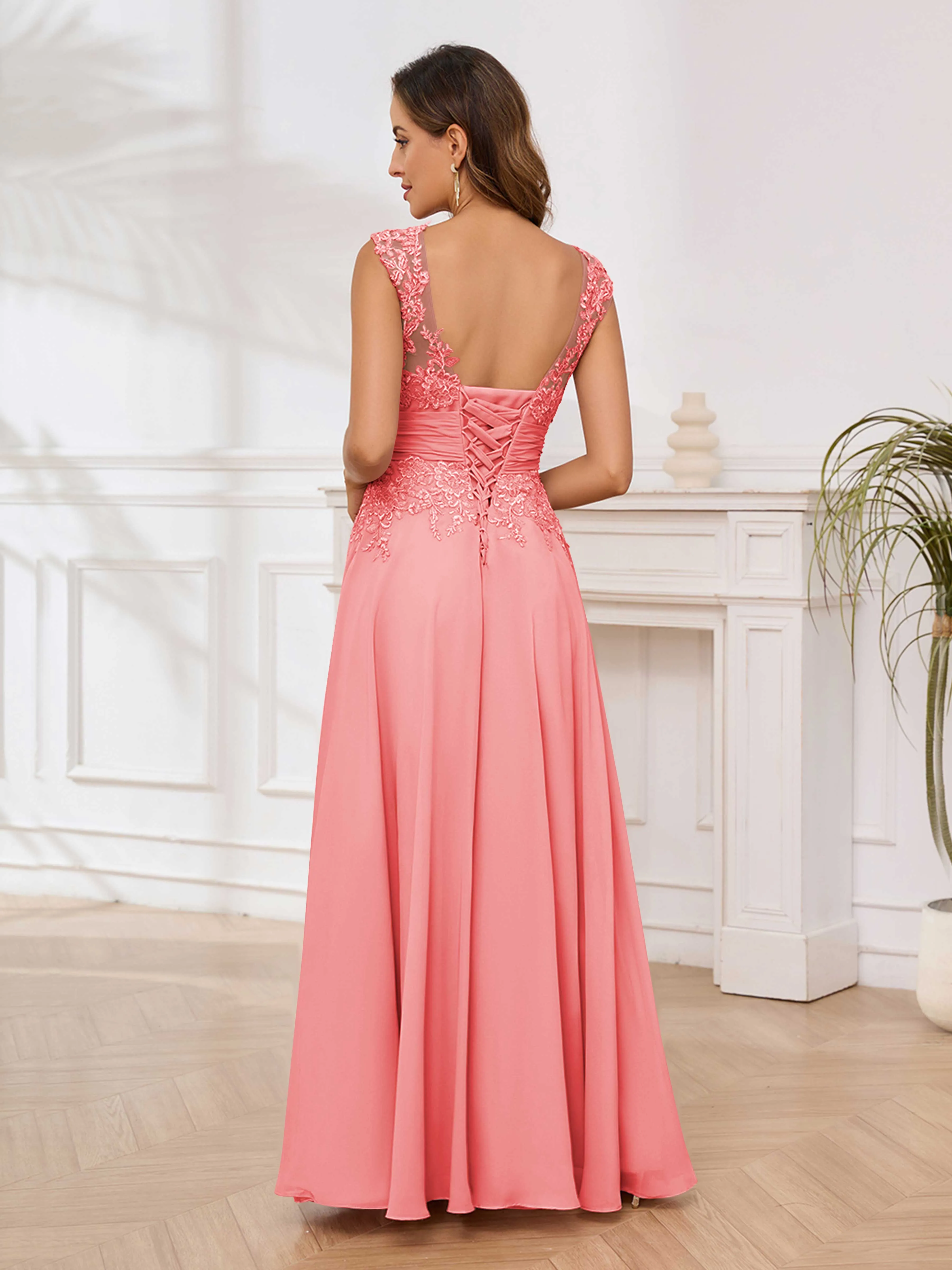 Ailani Delicate A-Line V Neck Lace Pleated Long Chiffon Mother of the Bride Dresses