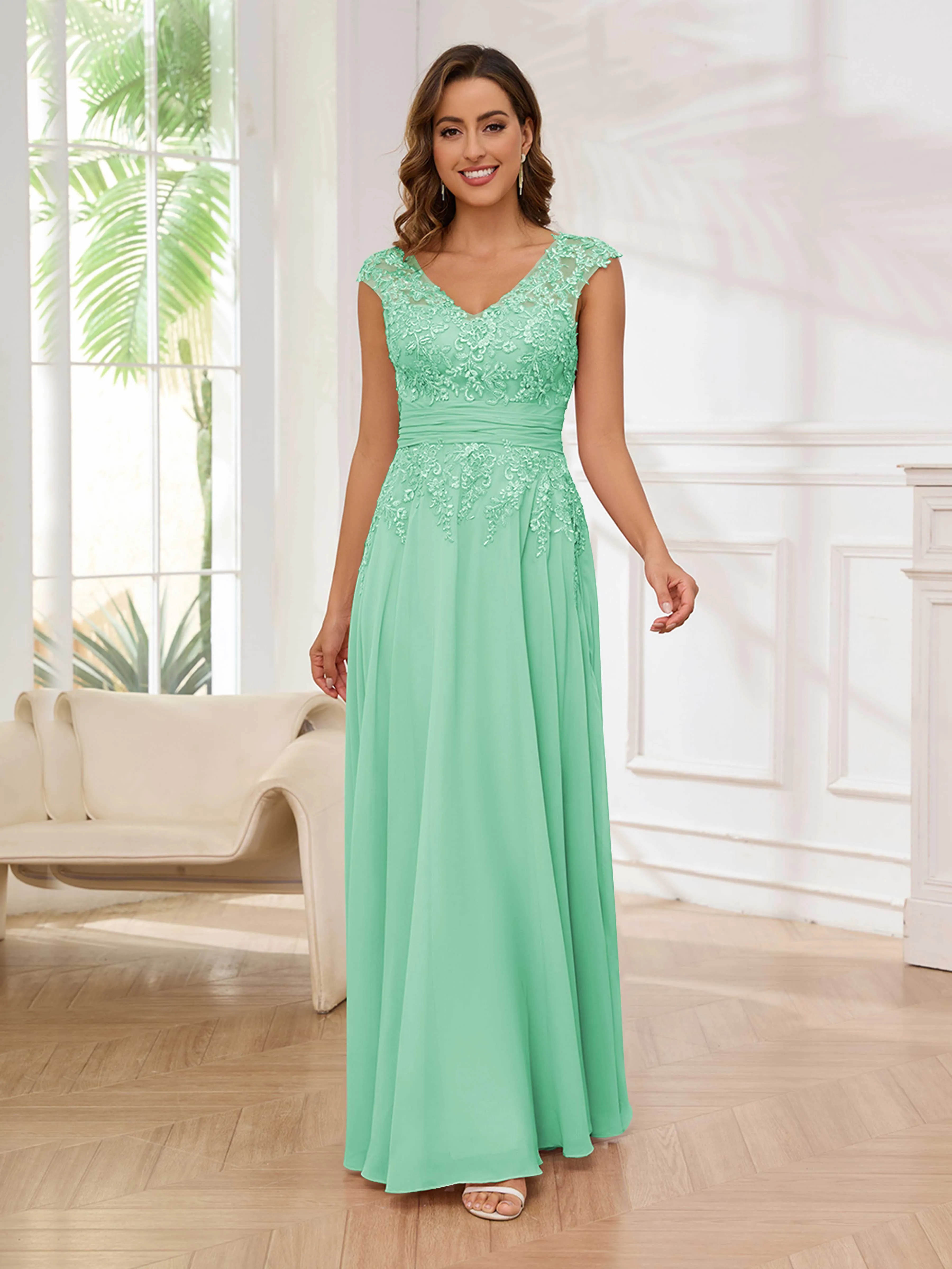 Ailani Delicate A-Line V Neck Lace Pleated Long Chiffon Mother of the Bride Dresses