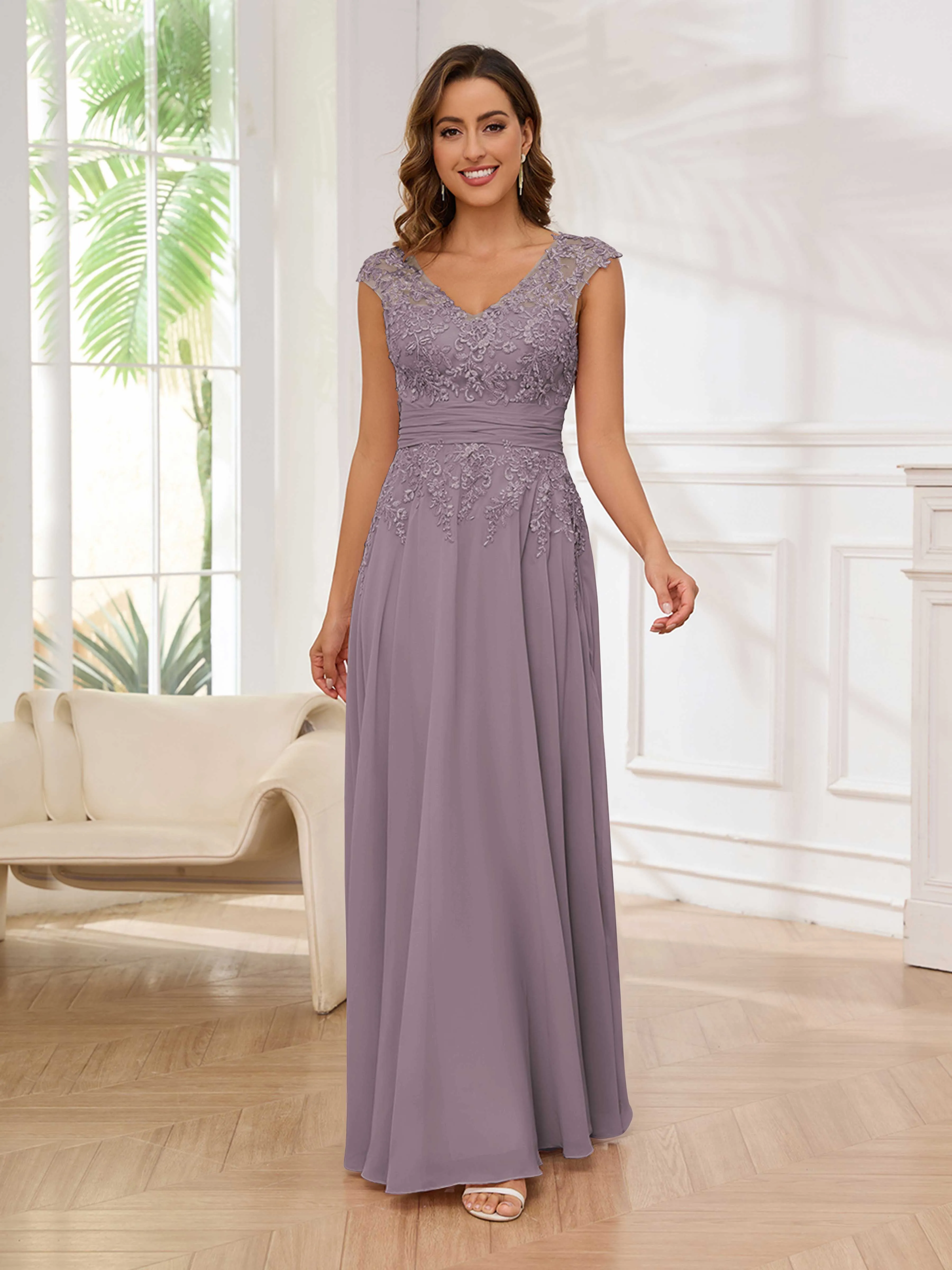 Ailani Delicate A-Line V Neck Lace Pleated Long Chiffon Mother of the Bride Dresses