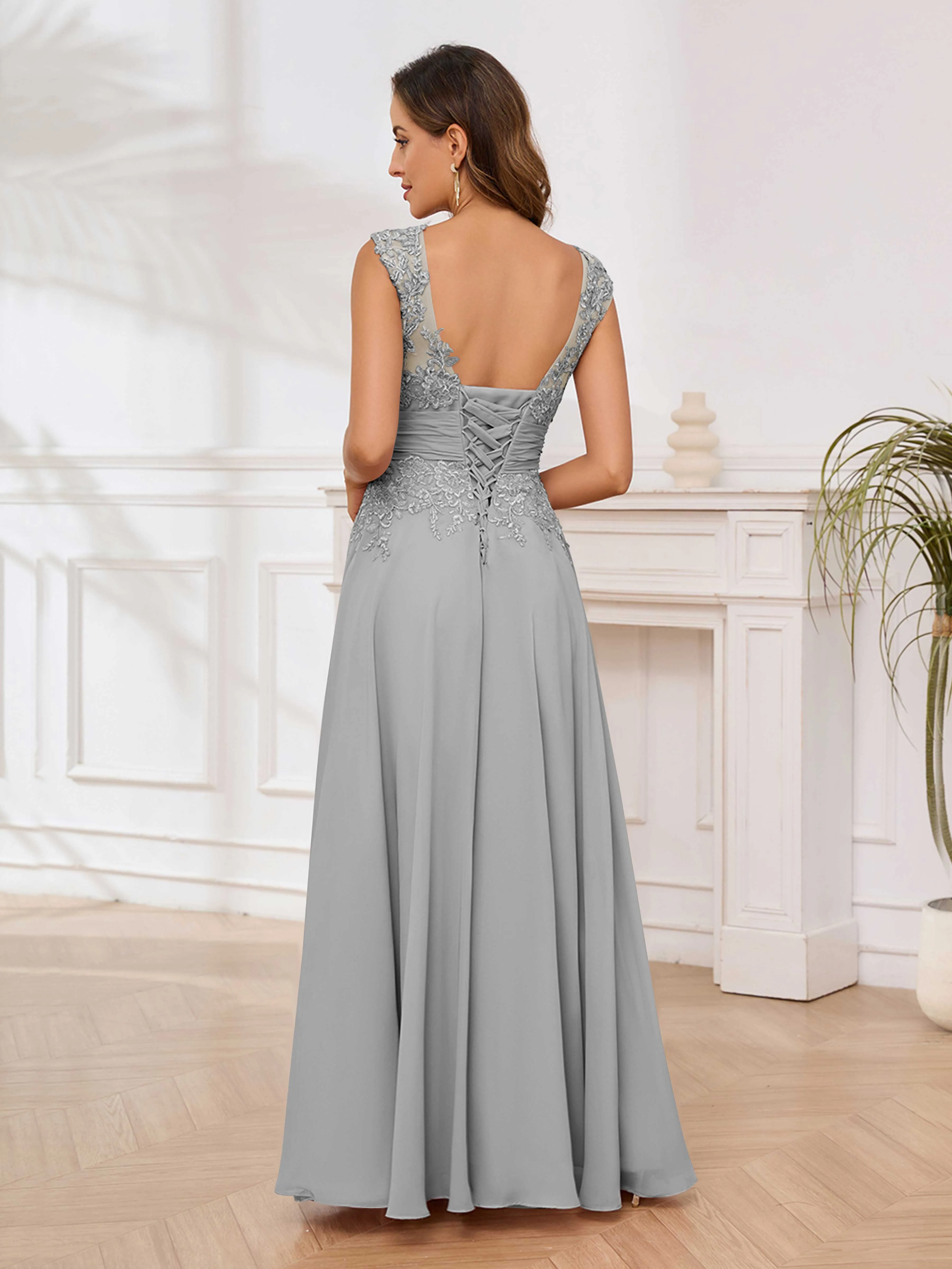Ailani Delicate A-Line V Neck Lace Pleated Long Chiffon Mother of the Bride Dresses