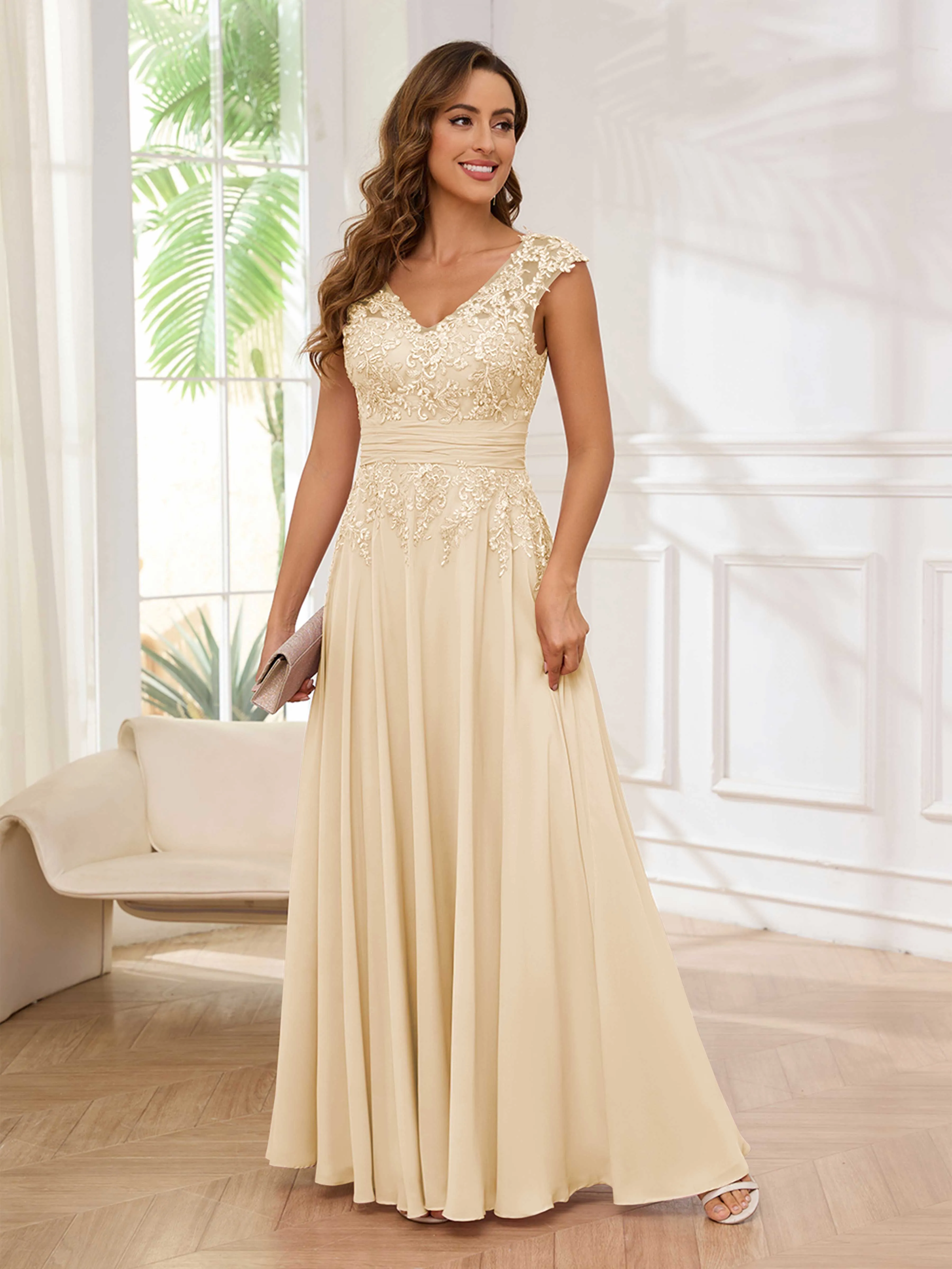 Ailani Delicate A-Line V Neck Lace Pleated Long Chiffon Mother of the Bride Dresses