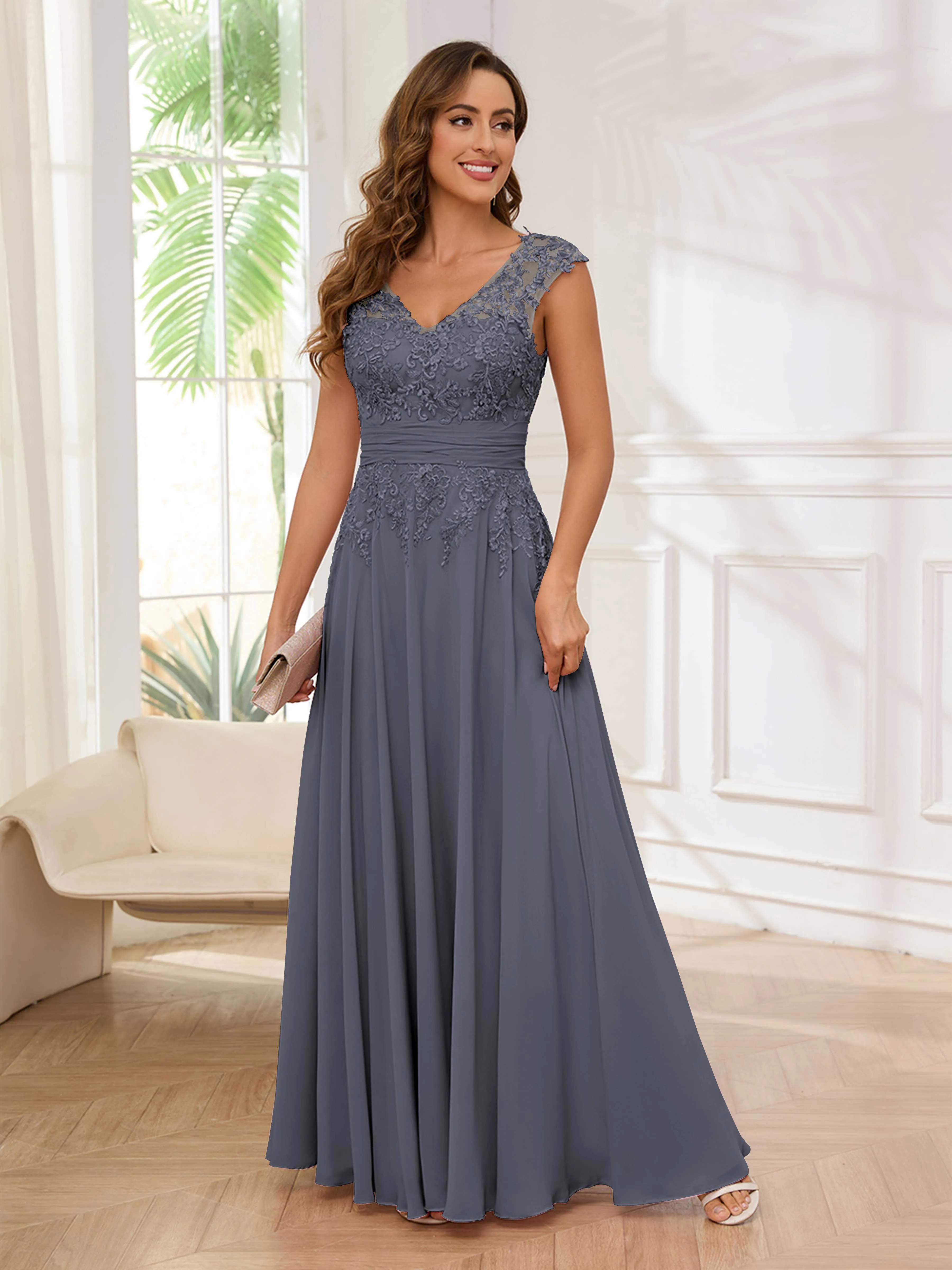 Ailani Delicate A-Line V Neck Lace Pleated Long Chiffon Mother of the Bride Dresses