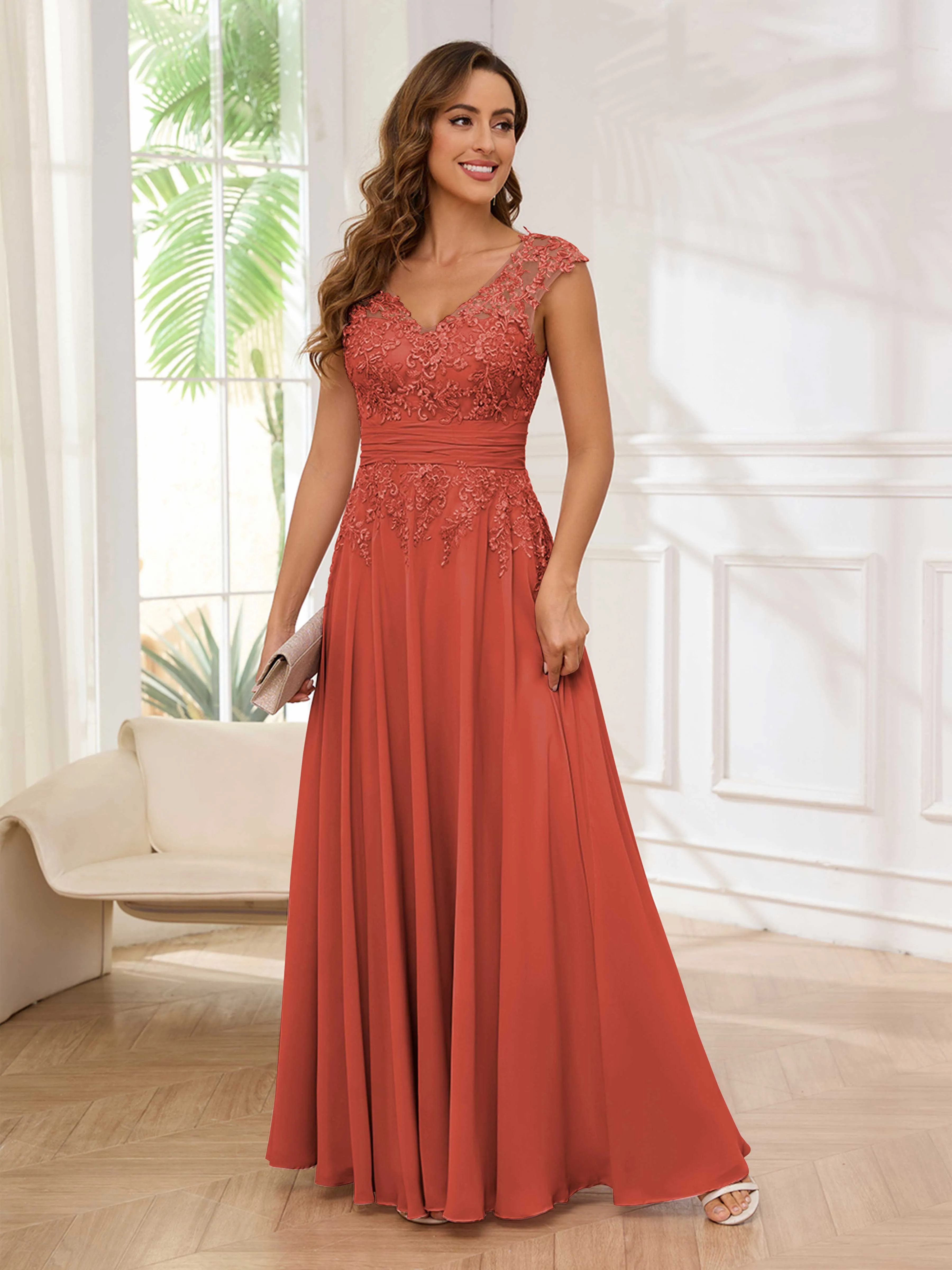 Ailani Delicate A-Line V Neck Lace Pleated Long Chiffon Mother of the Bride Dresses