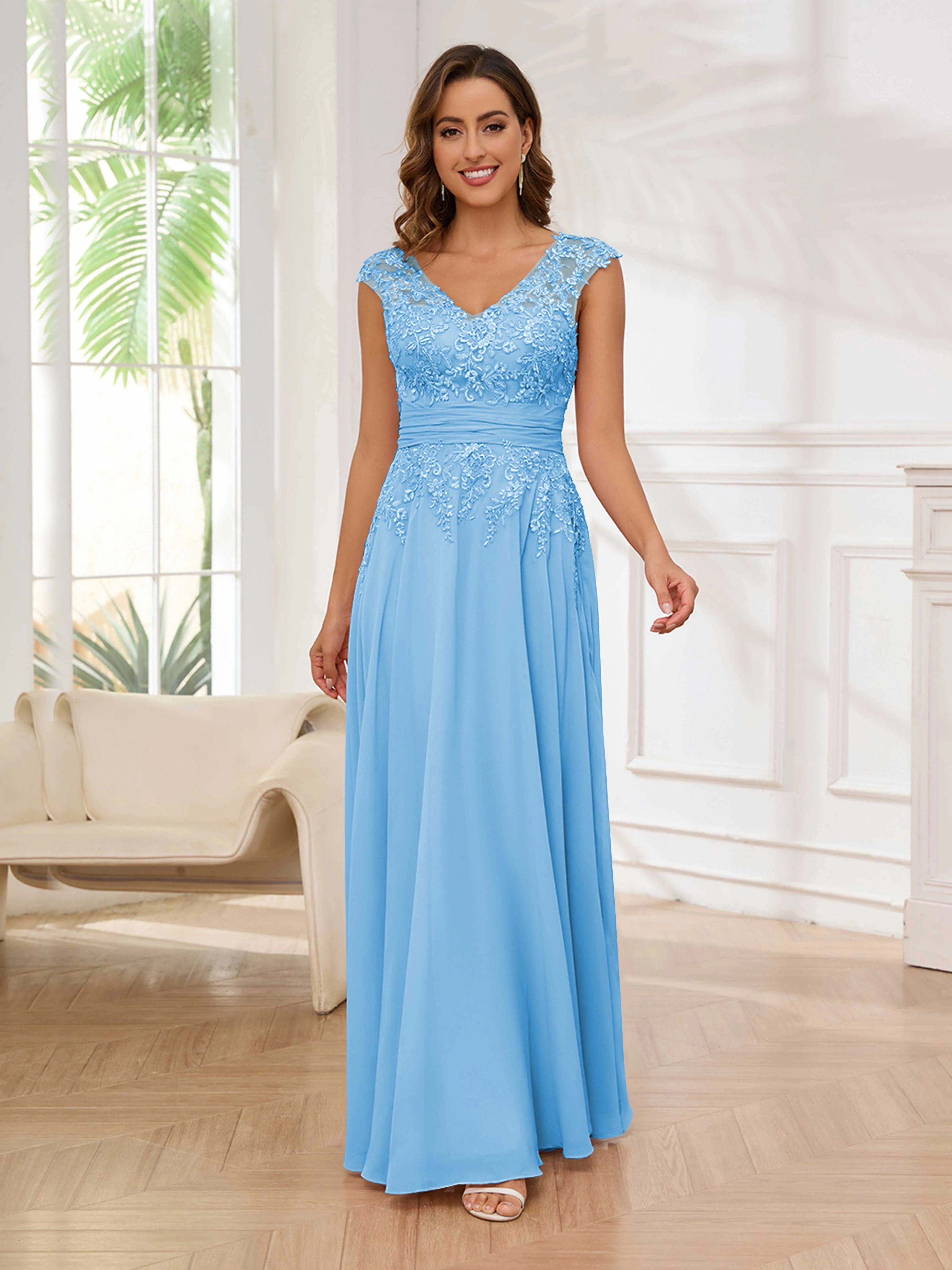 Ailani Delicate A-Line V Neck Lace Pleated Long Chiffon Mother of the Bride Dresses