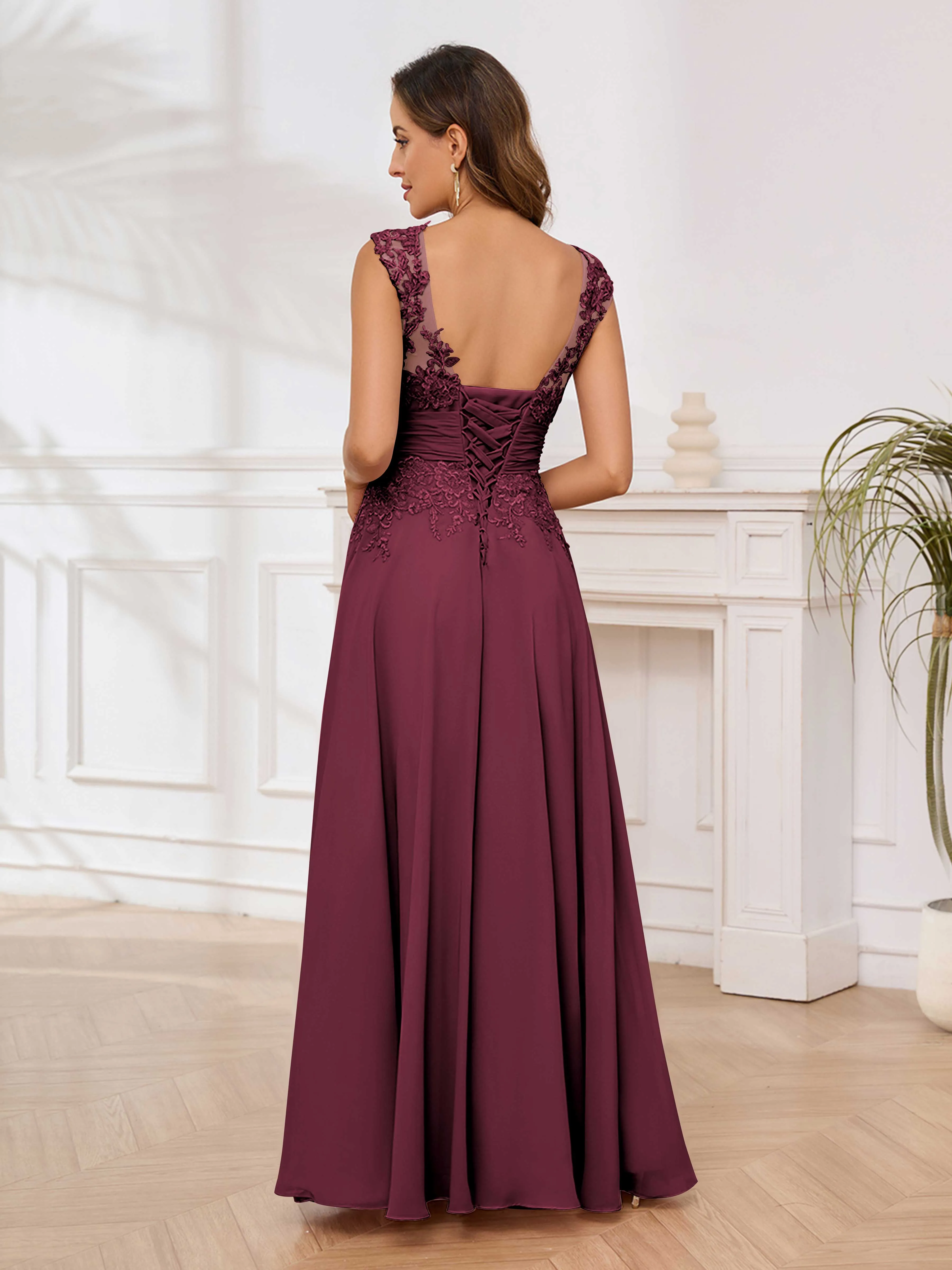 Ailani Delicate A-Line V Neck Lace Pleated Long Chiffon Mother of the Bride Dresses