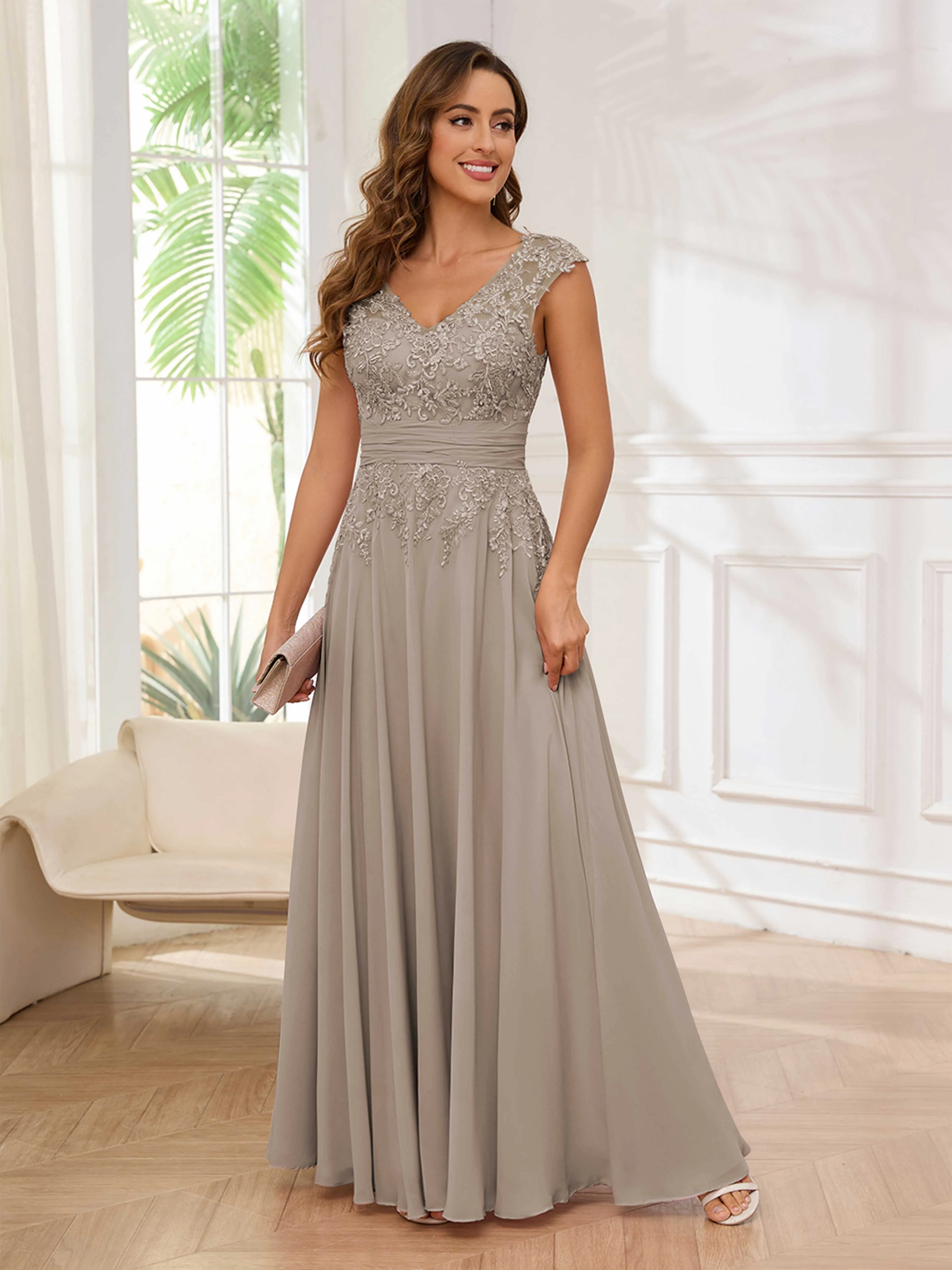 Ailani Delicate A-Line V Neck Lace Pleated Long Chiffon Mother of the Bride Dresses