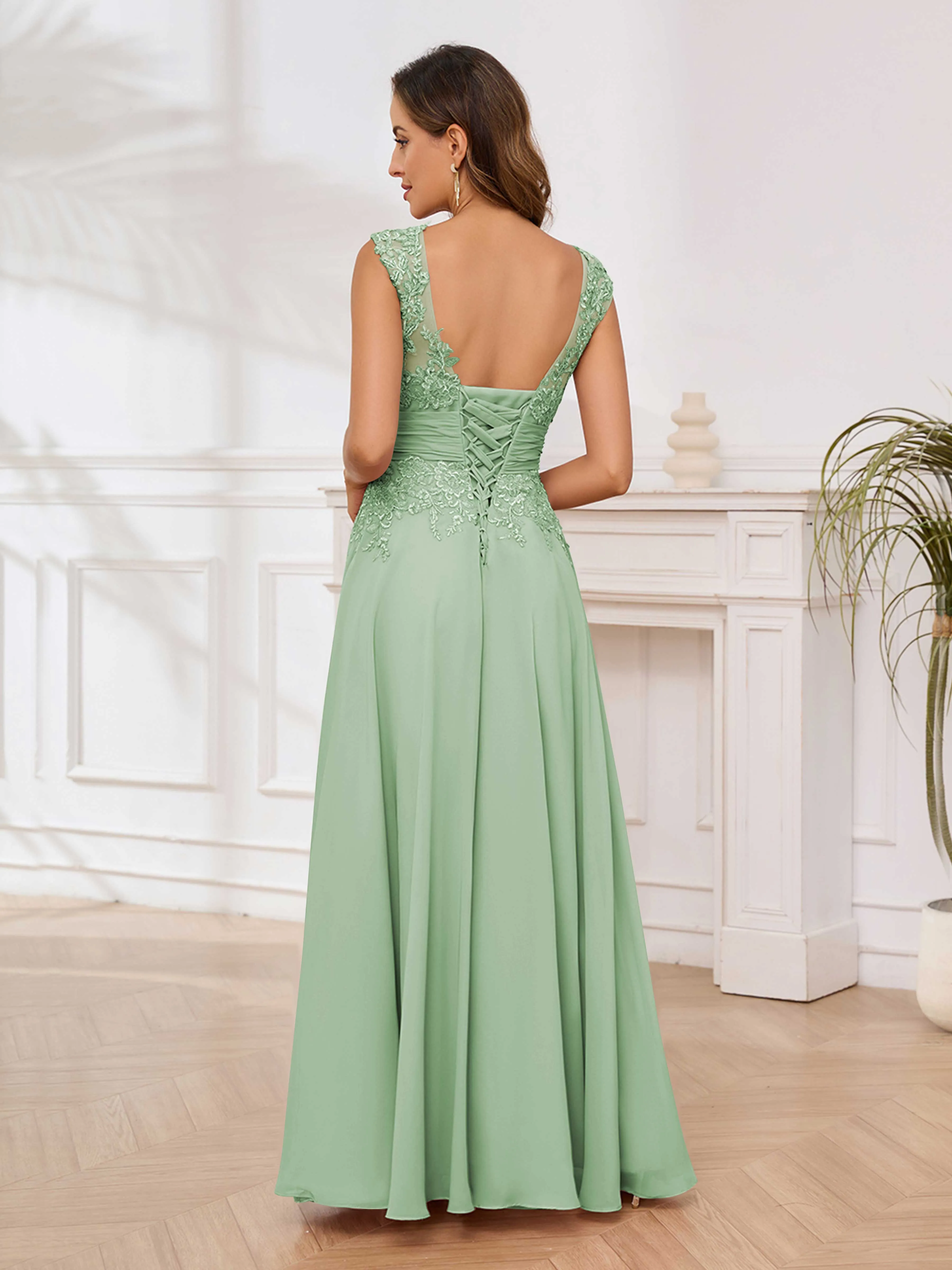 Ailani Delicate A-Line V Neck Lace Pleated Long Chiffon Mother of the Bride Dresses