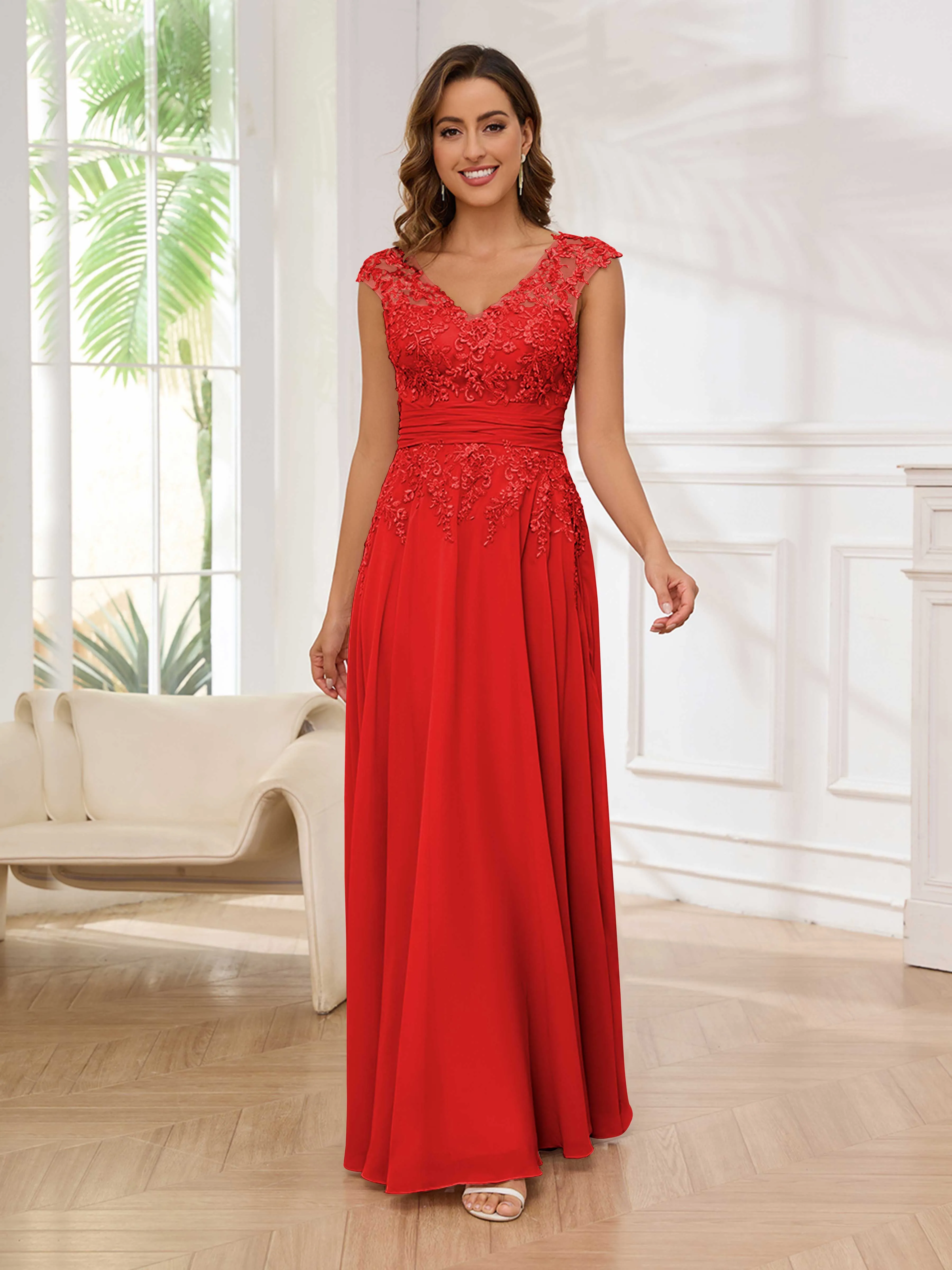 Ailani Delicate A-Line V Neck Lace Pleated Long Chiffon Mother of the Bride Dresses