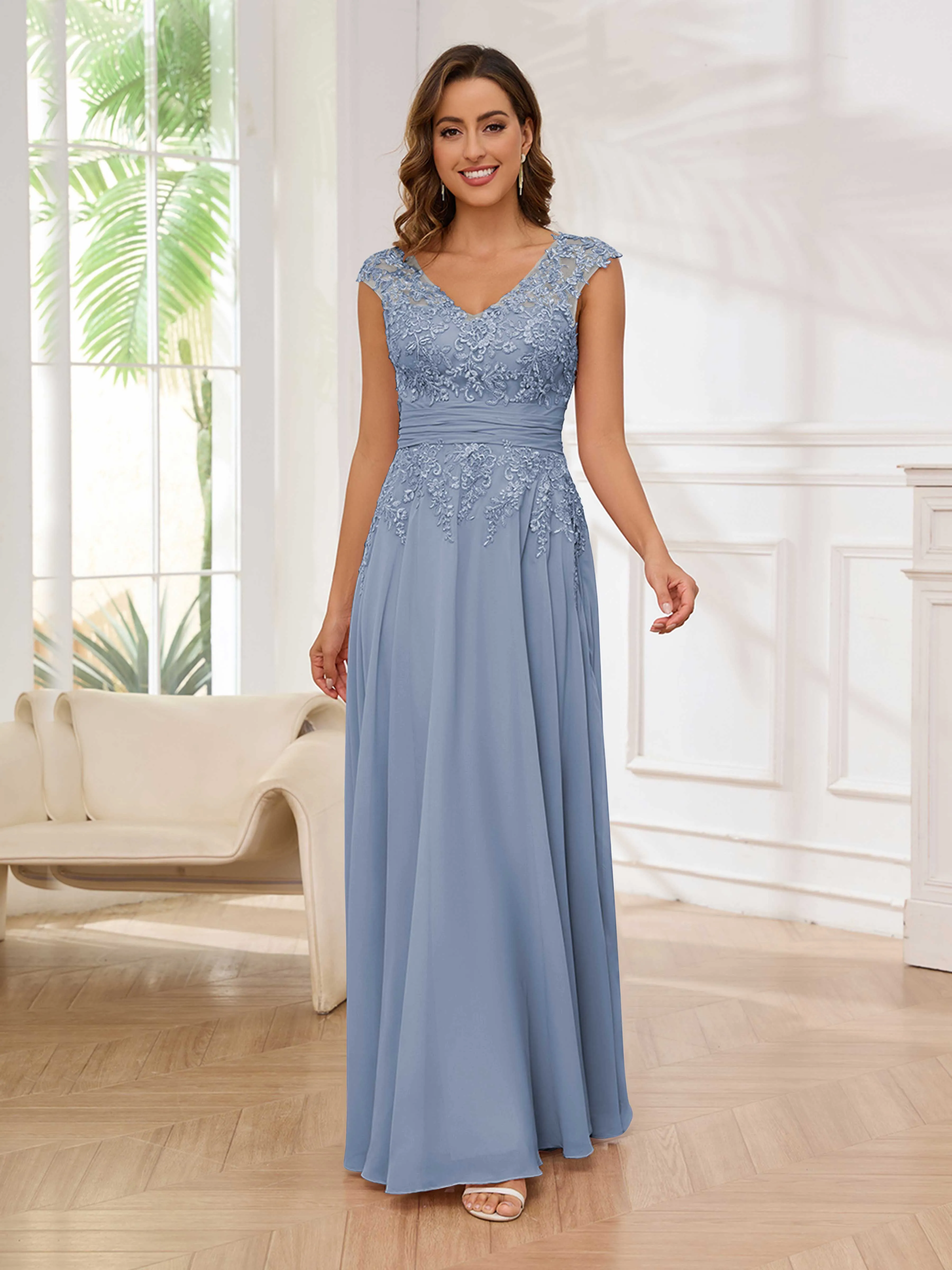 Ailani Delicate A-Line V Neck Lace Pleated Long Chiffon Mother of the Bride Dresses