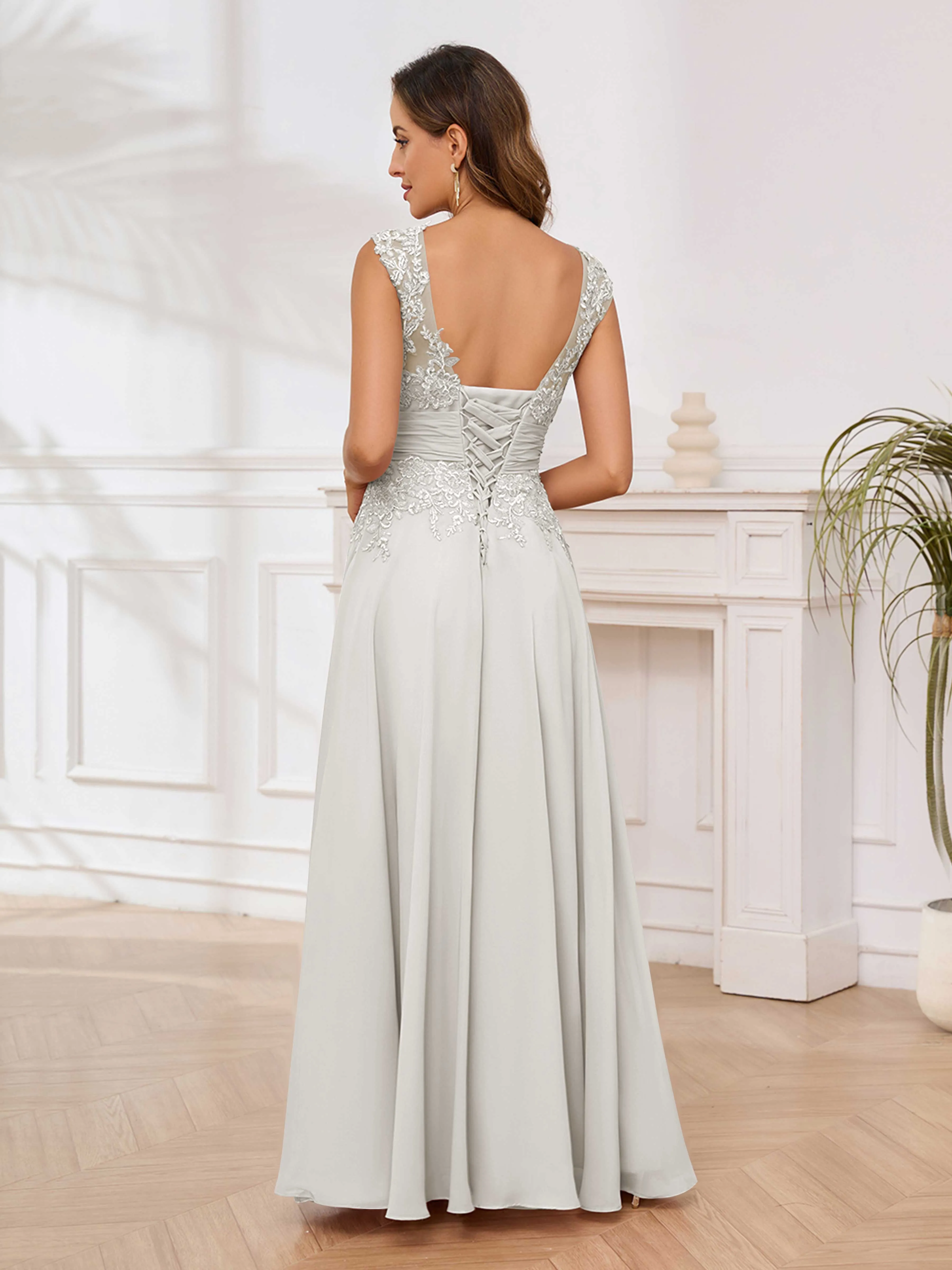 Ailani Delicate A-Line V Neck Lace Pleated Long Chiffon Mother of the Bride Dresses