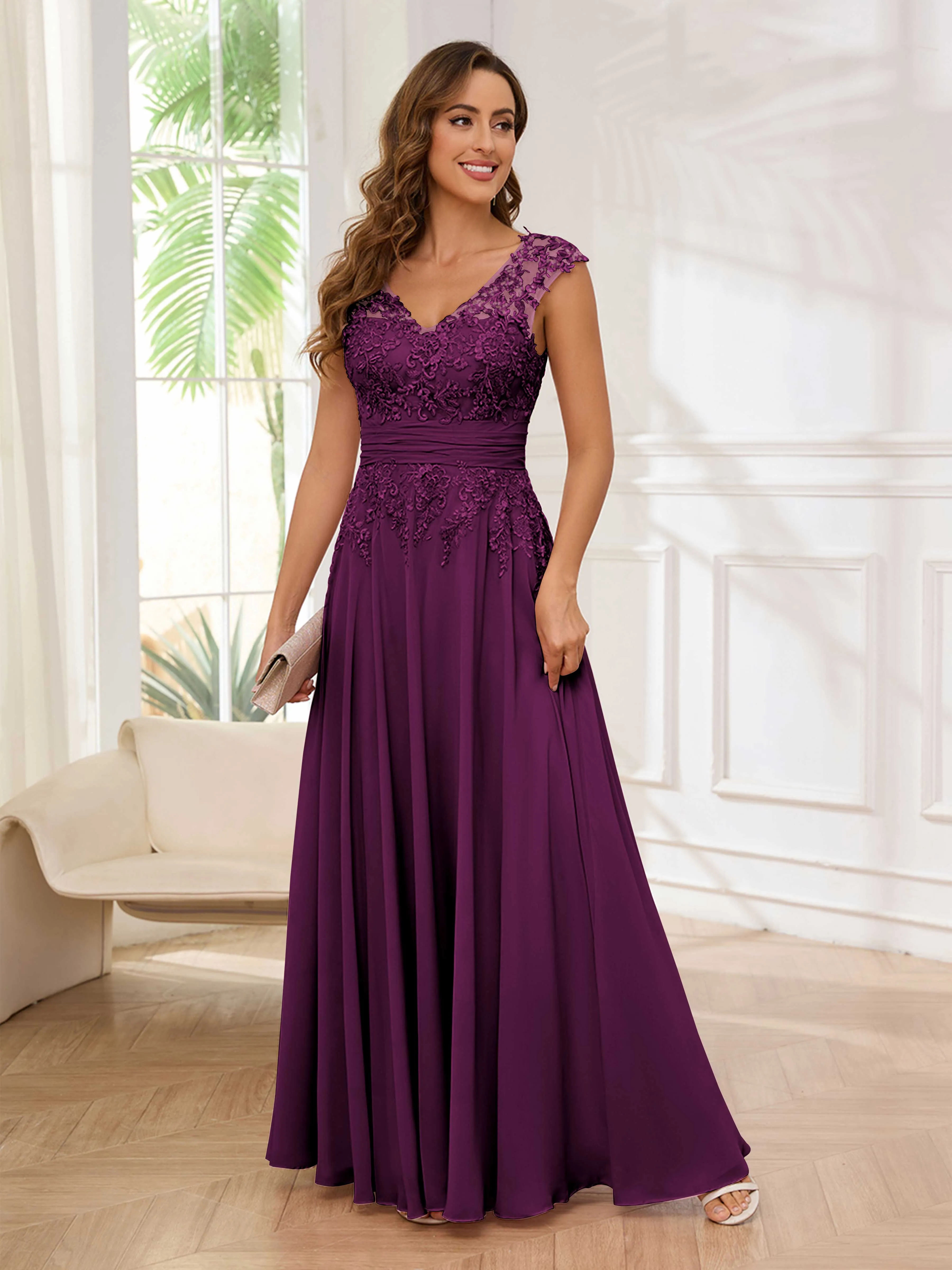 Ailani Delicate A-Line V Neck Lace Pleated Long Chiffon Mother of the Bride Dresses
