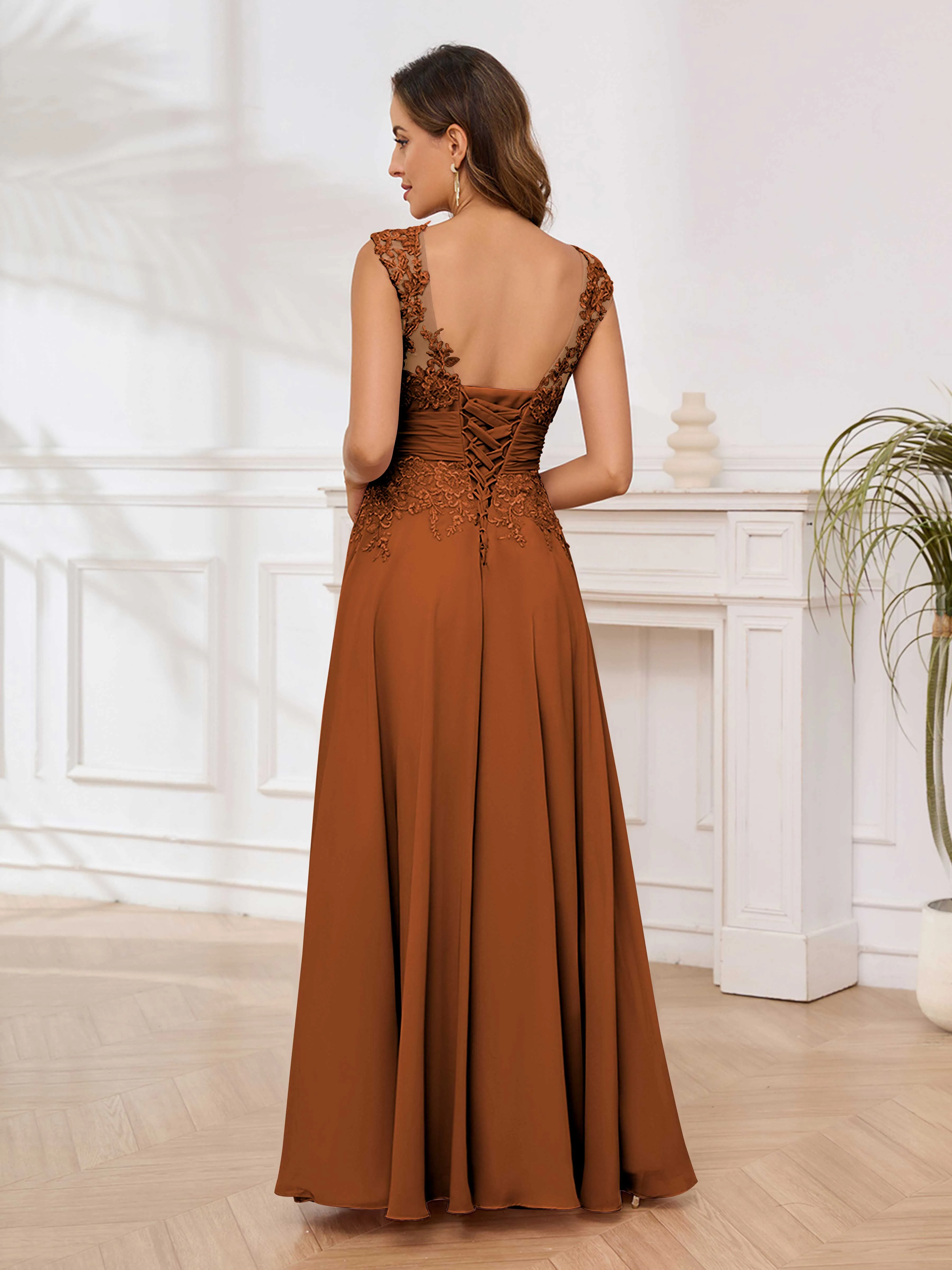 Ailani Delicate A-Line V Neck Lace Pleated Long Chiffon Mother of the Bride Dresses