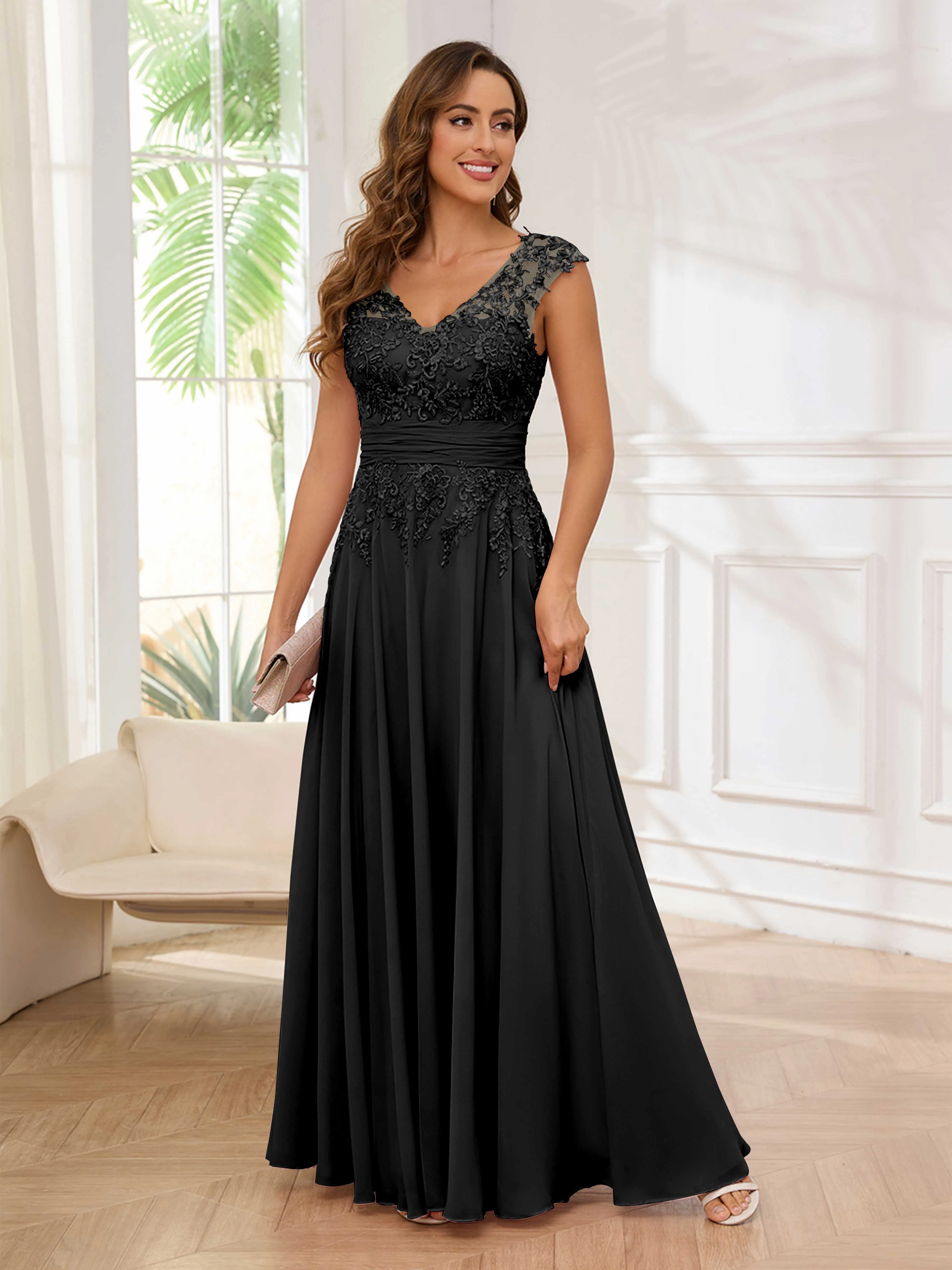 Ailani Delicate A-Line V Neck Lace Pleated Long Chiffon Mother of the Bride Dresses