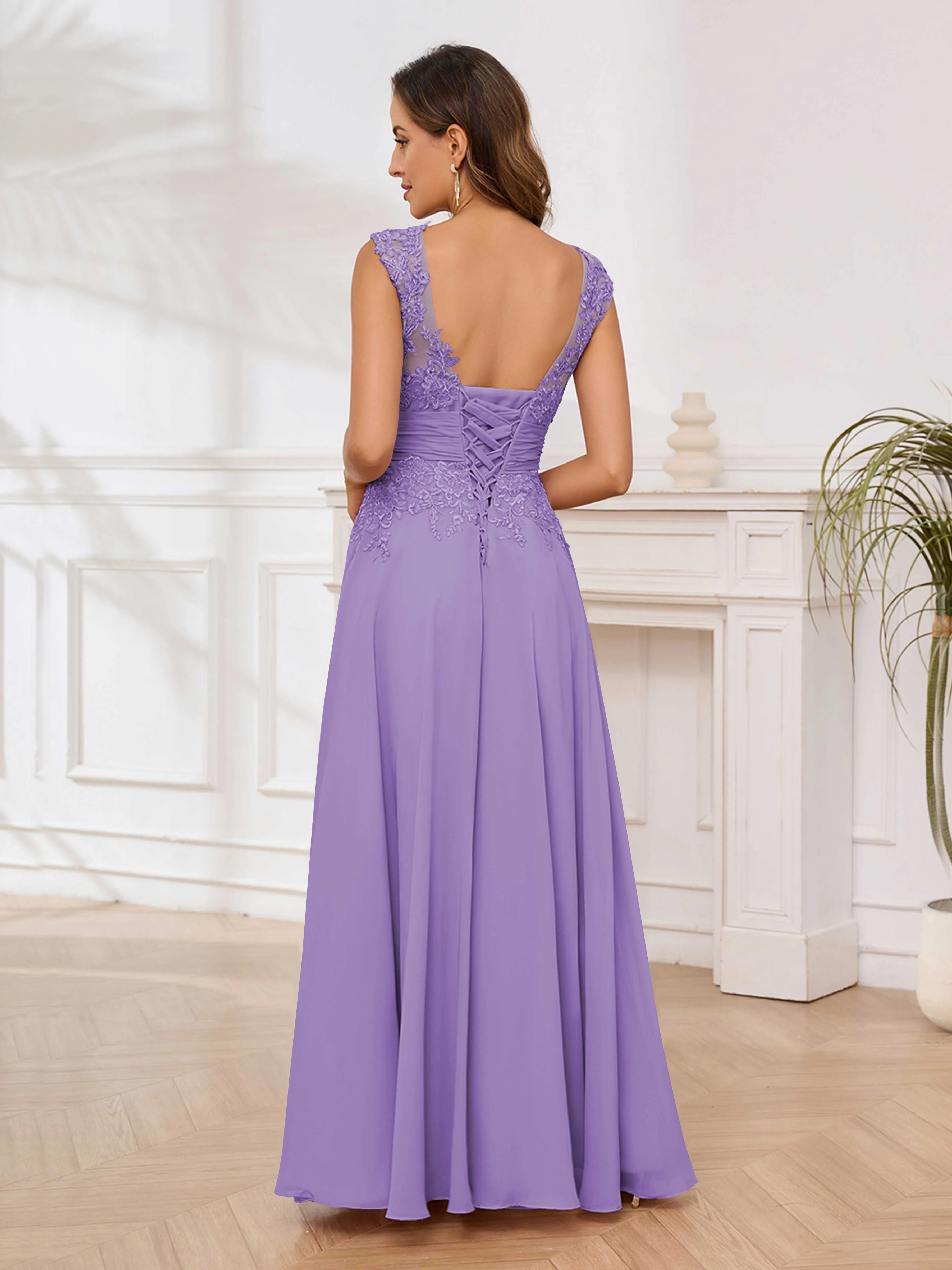 Ailani Delicate A-Line V Neck Lace Pleated Long Chiffon Mother of the Bride Dresses