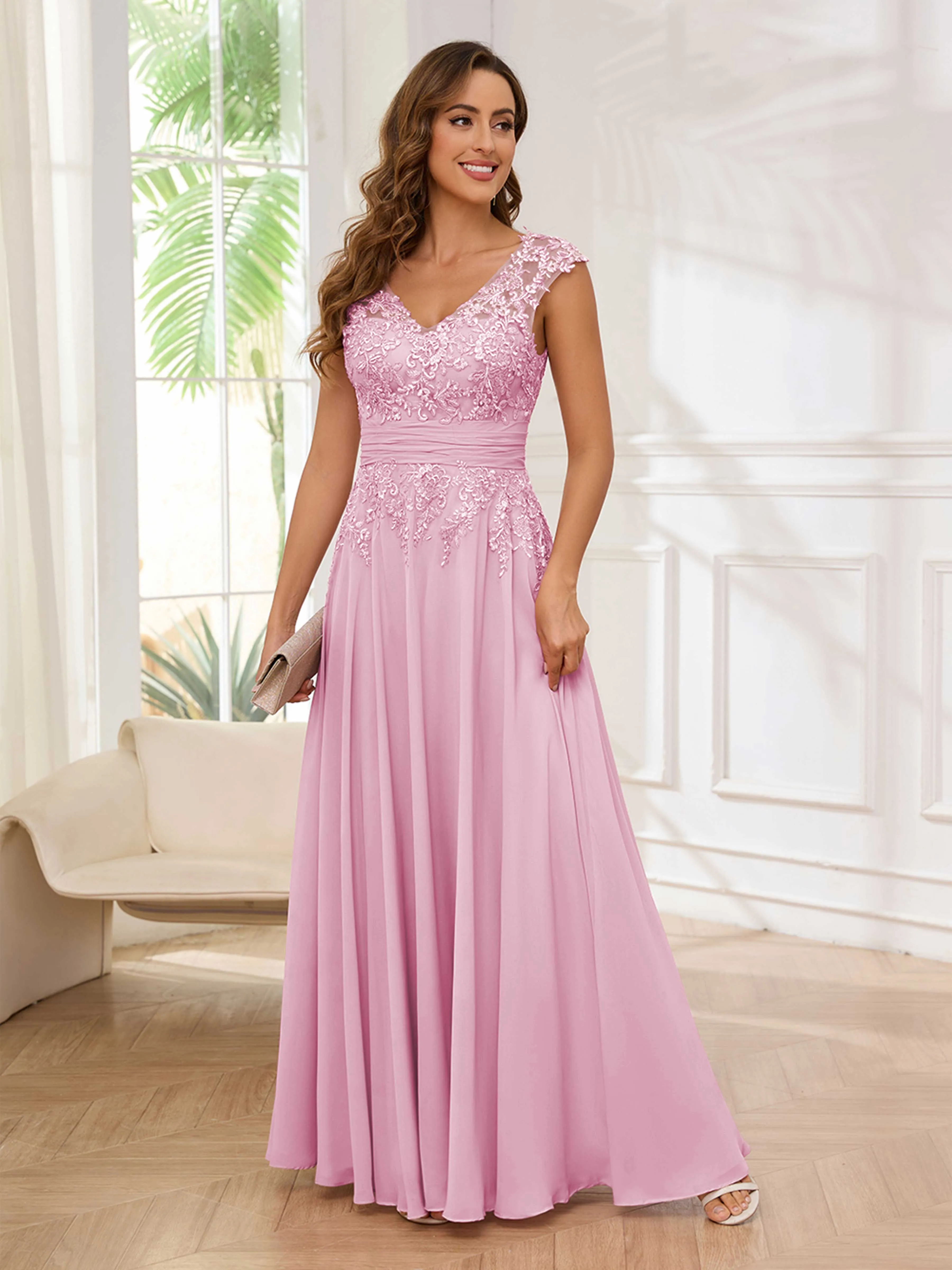 Ailani Delicate A-Line V Neck Lace Pleated Long Chiffon Mother of the Bride Dresses