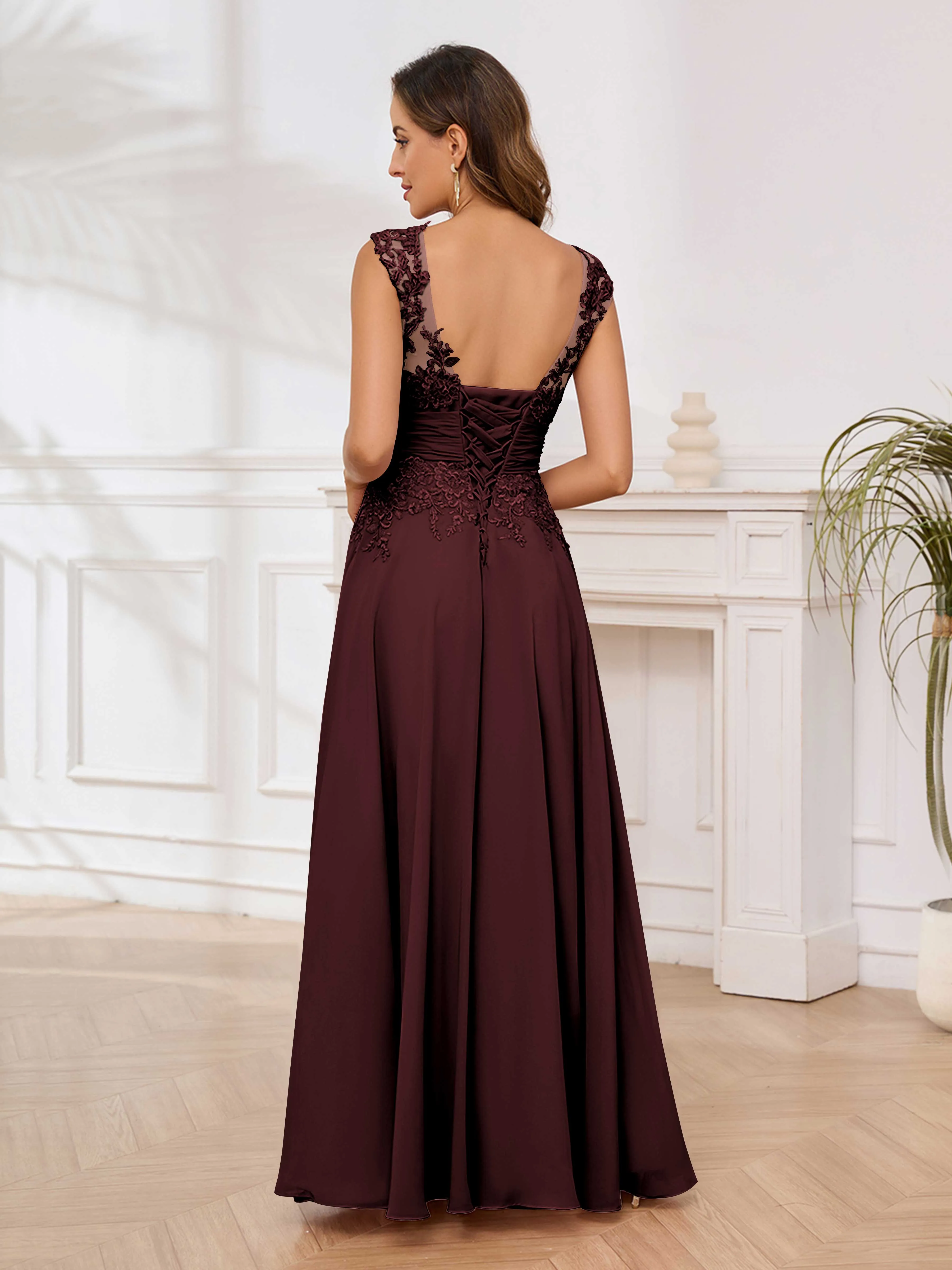 Ailani Delicate A-Line V Neck Lace Pleated Long Chiffon Mother of the Bride Dresses