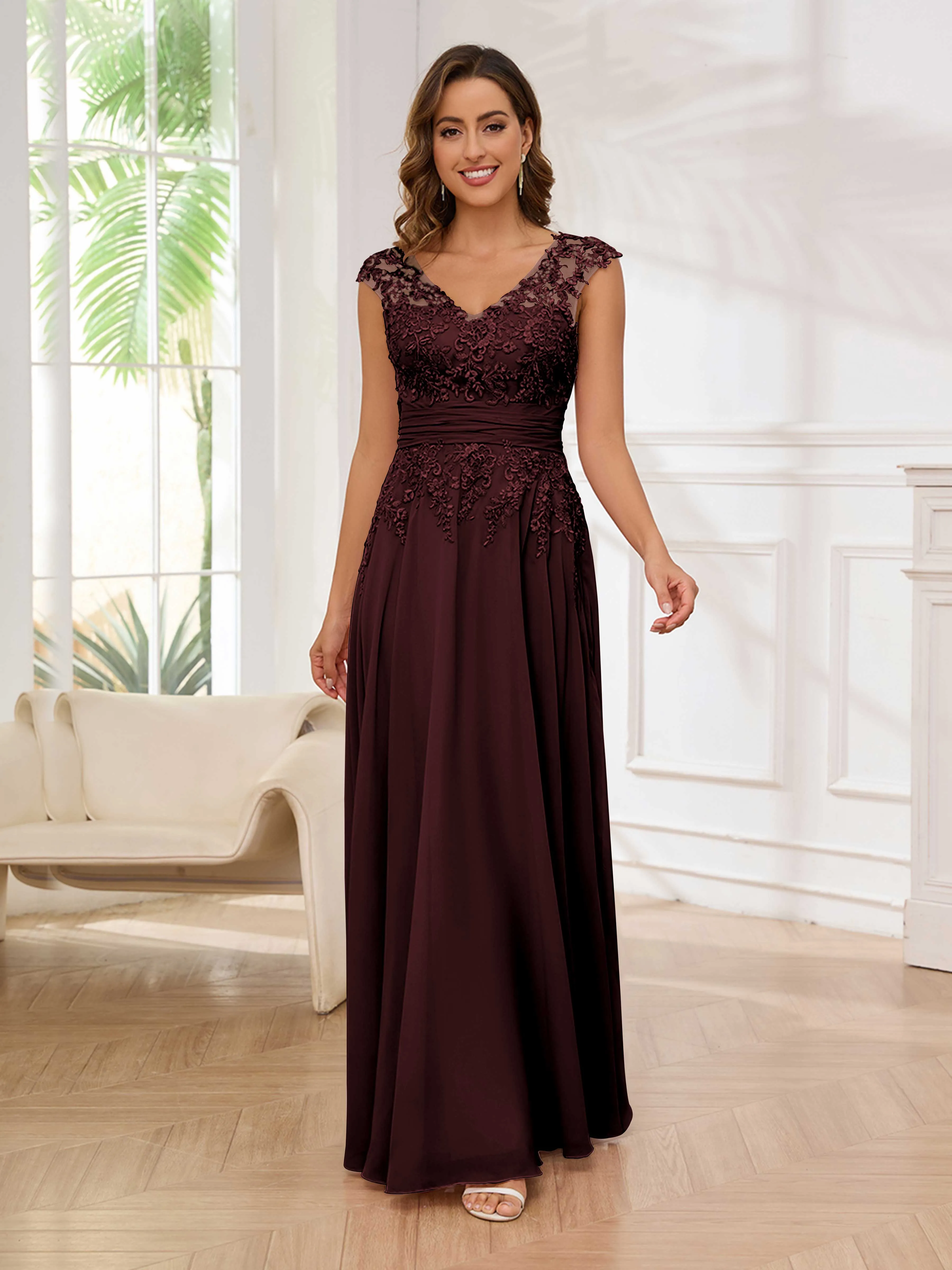 Ailani Delicate A-Line V Neck Lace Pleated Long Chiffon Mother of the Bride Dresses