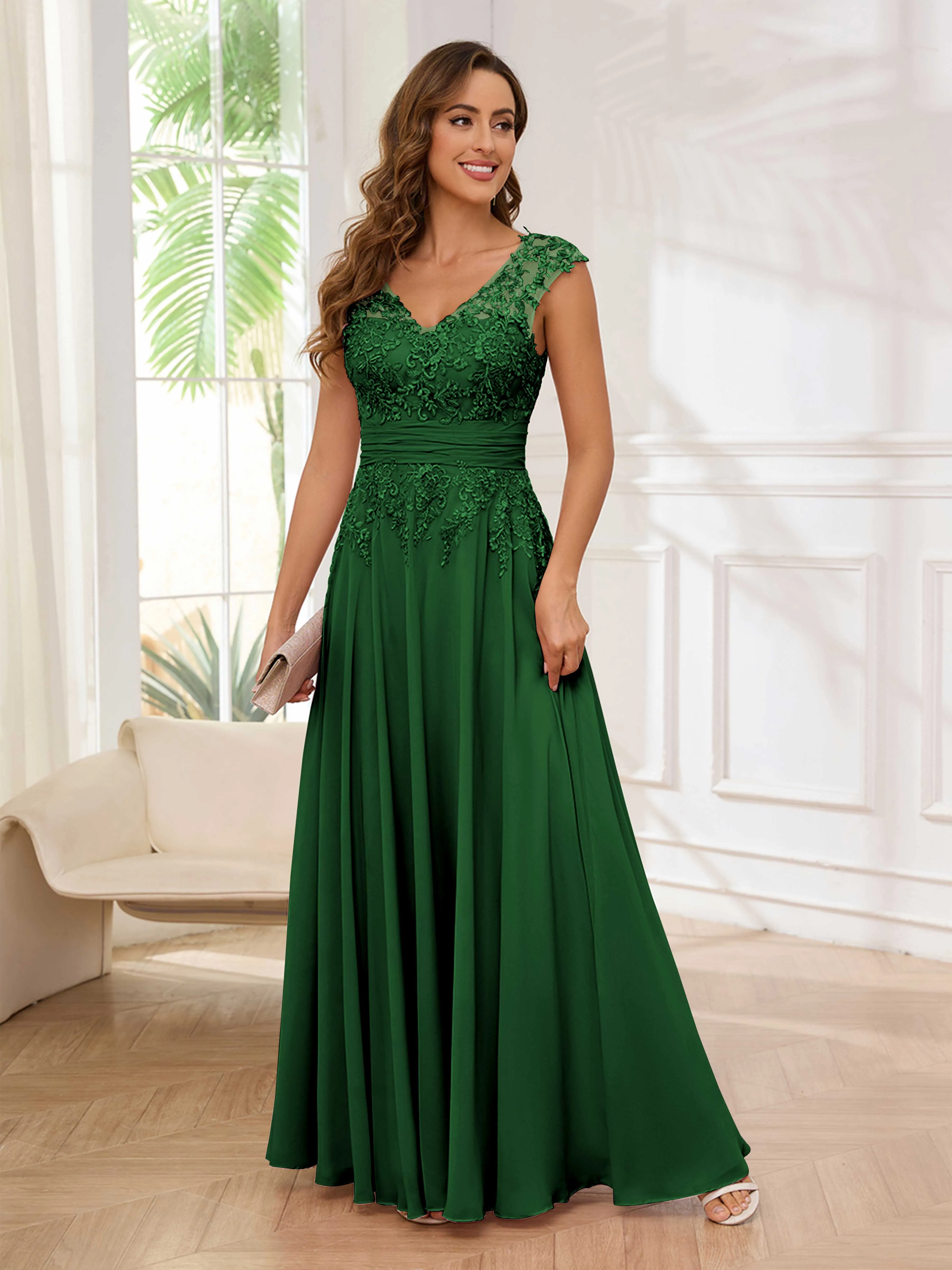 Ailani Delicate A-Line V Neck Lace Pleated Long Chiffon Mother of the Bride Dresses