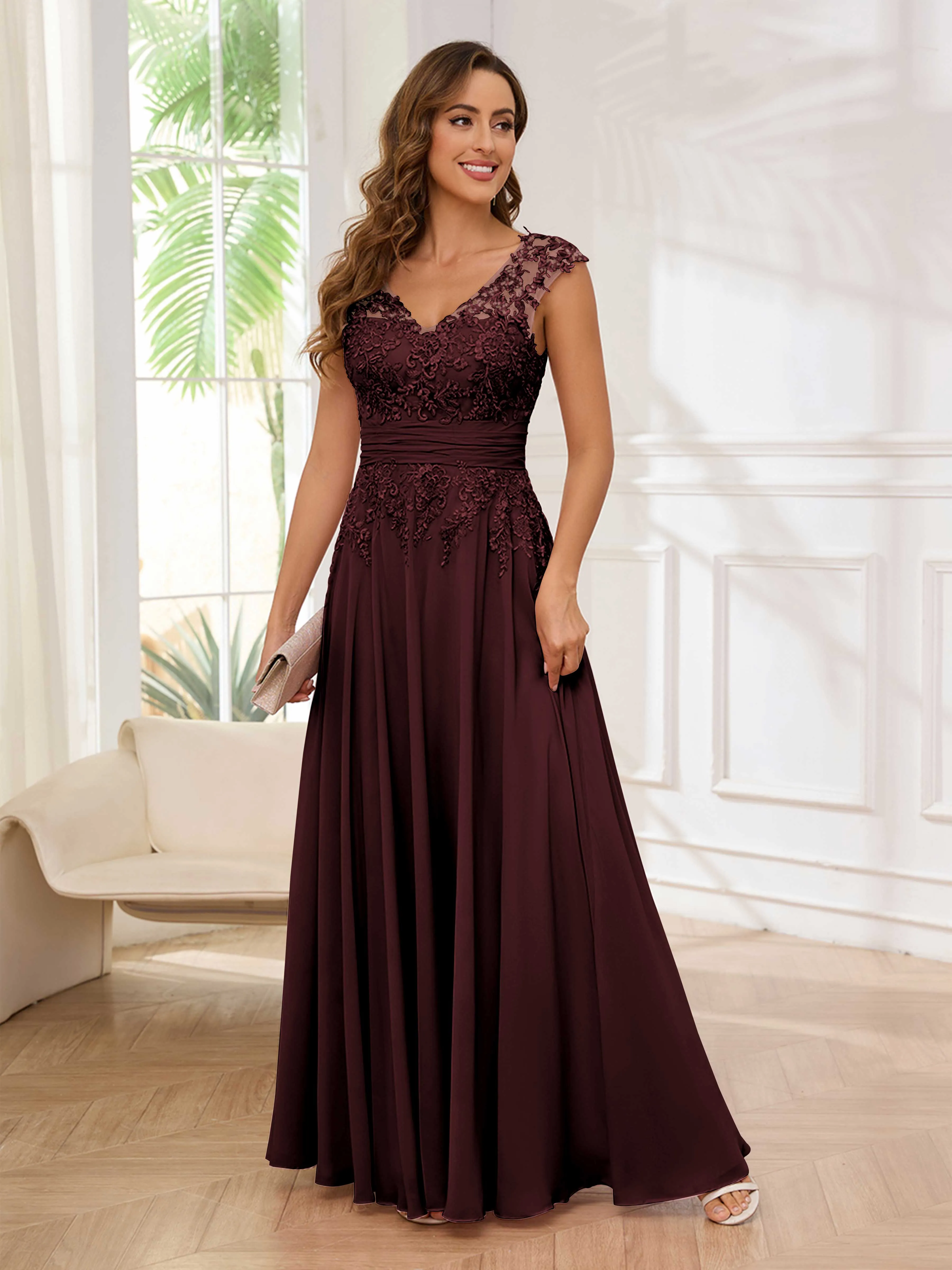 Ailani Delicate A-Line V Neck Lace Pleated Long Chiffon Mother of the Bride Dresses