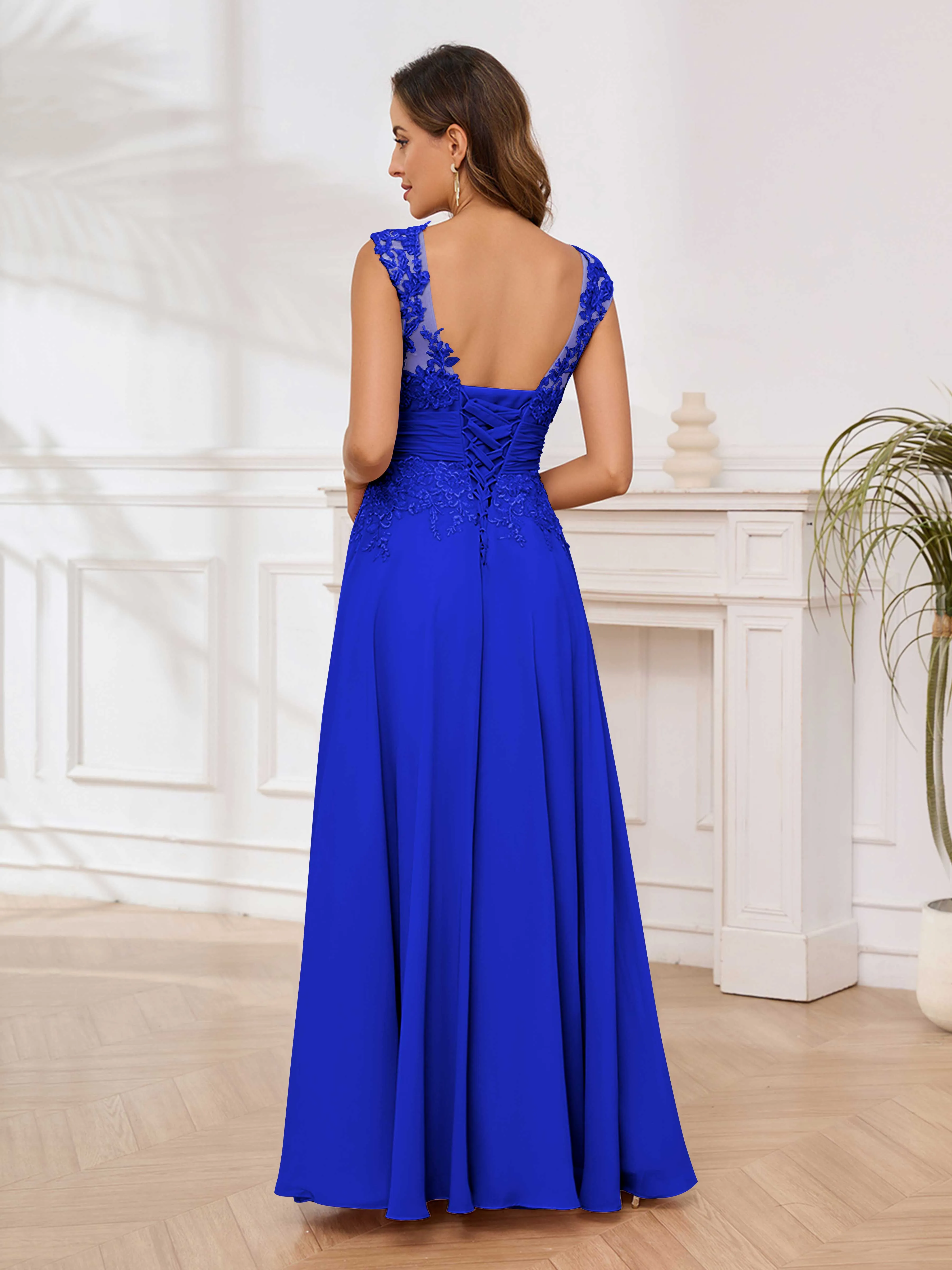 Ailani Delicate A-Line V Neck Lace Pleated Long Chiffon Mother of the Bride Dresses