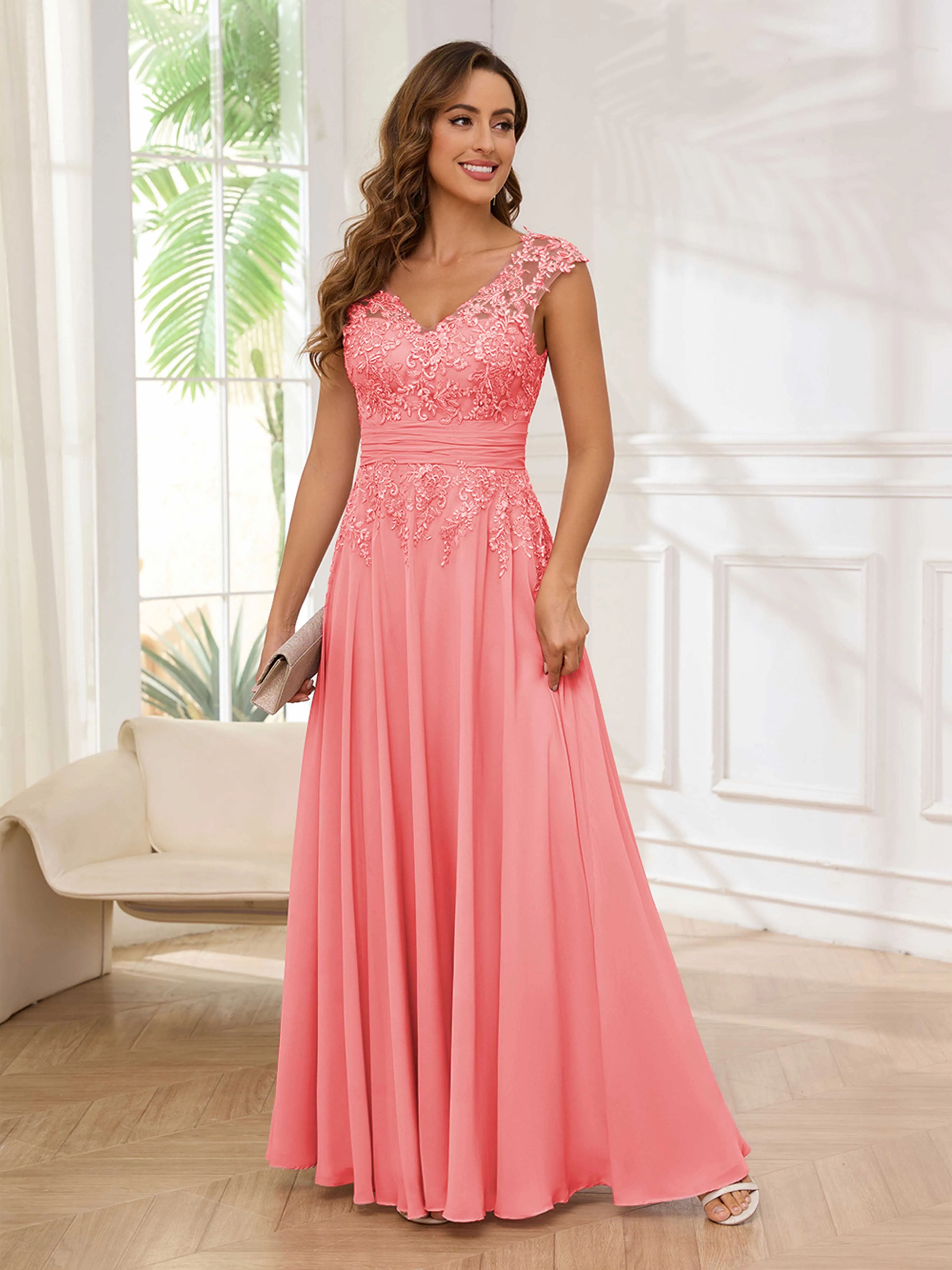 Ailani Delicate A-Line V Neck Lace Pleated Long Chiffon Mother of the Bride Dresses