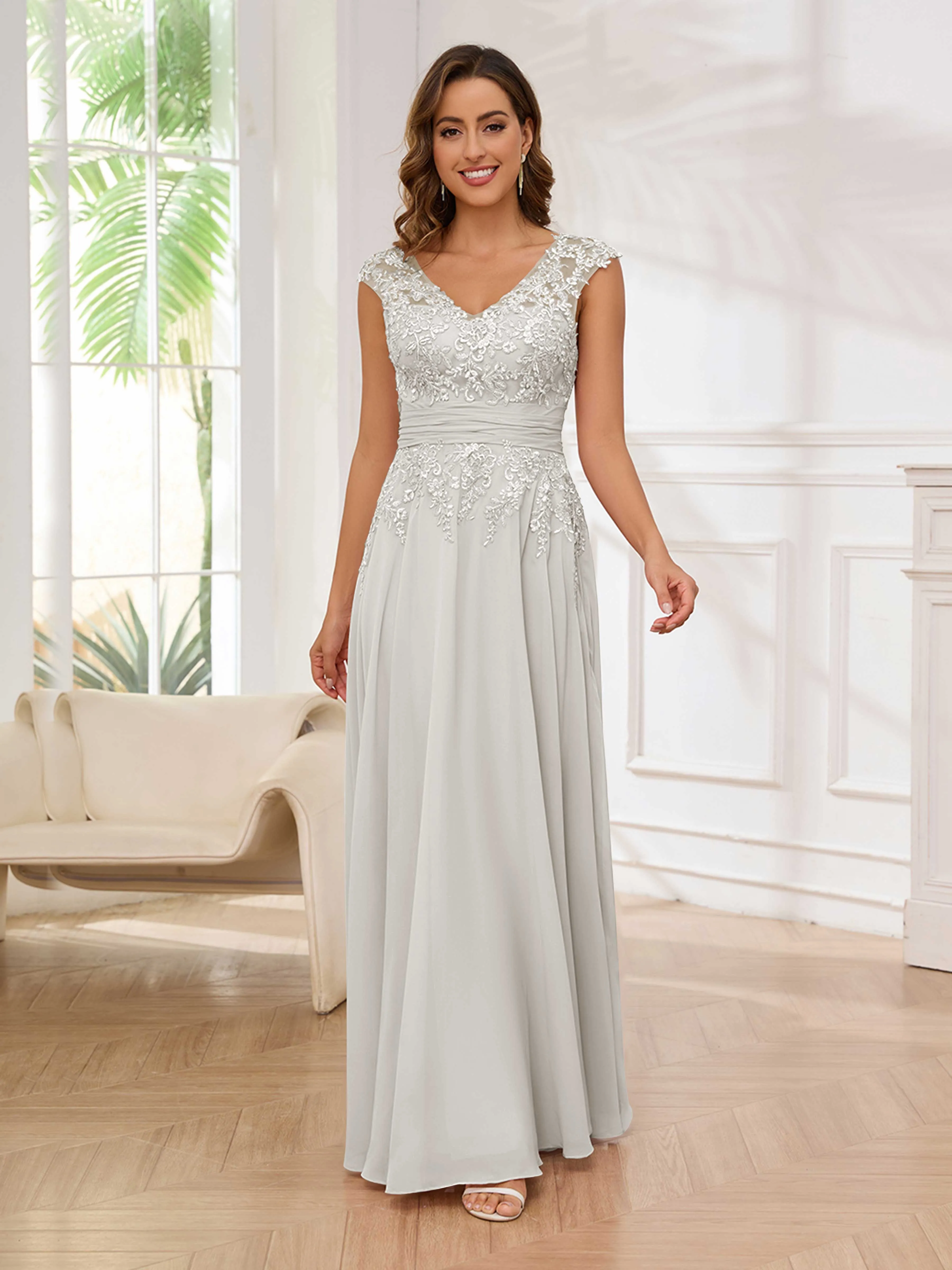 Ailani Delicate A-Line V Neck Lace Pleated Long Chiffon Mother of the Bride Dresses