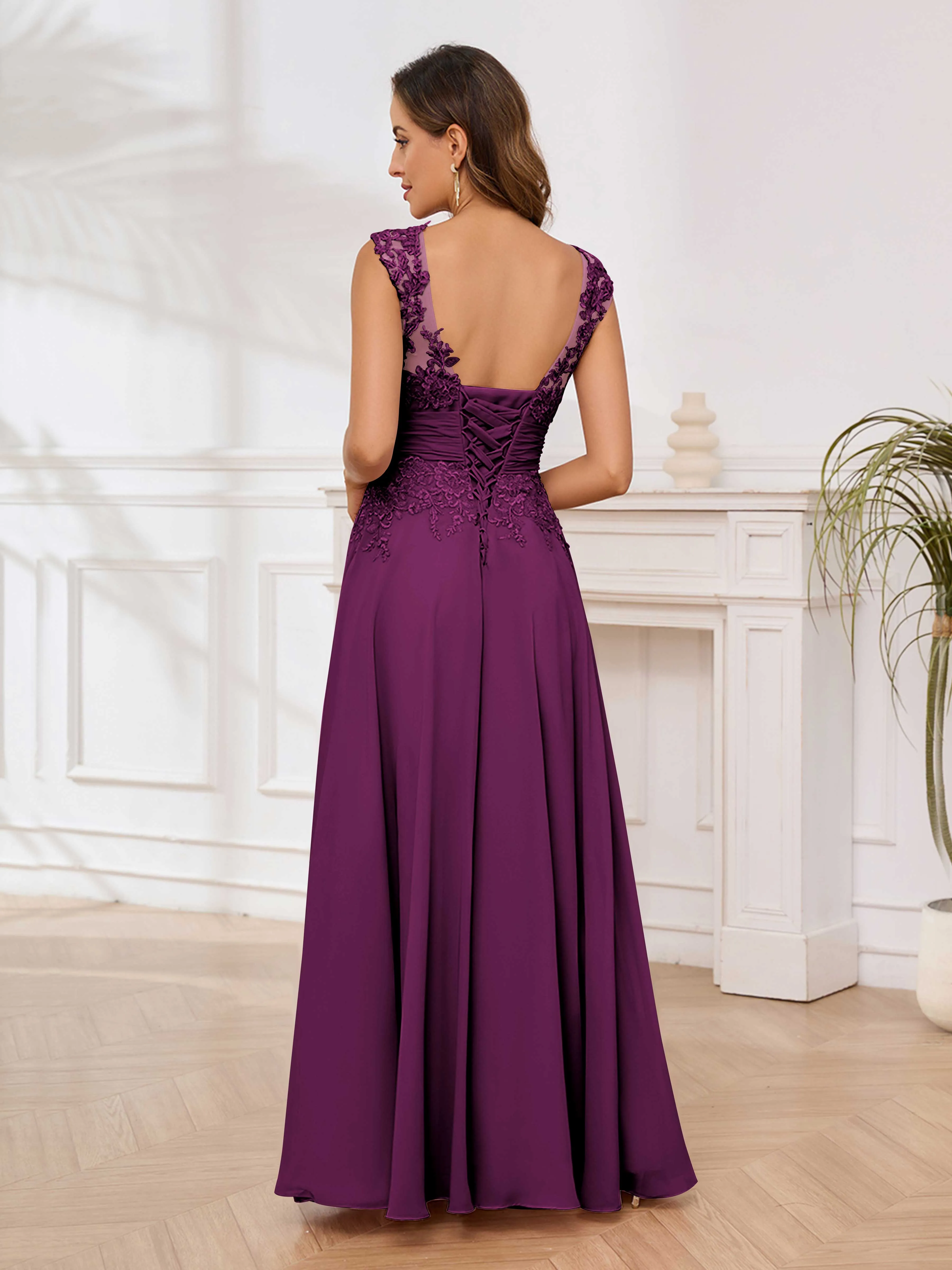Ailani Delicate A-Line V Neck Lace Pleated Long Chiffon Mother of the Bride Dresses