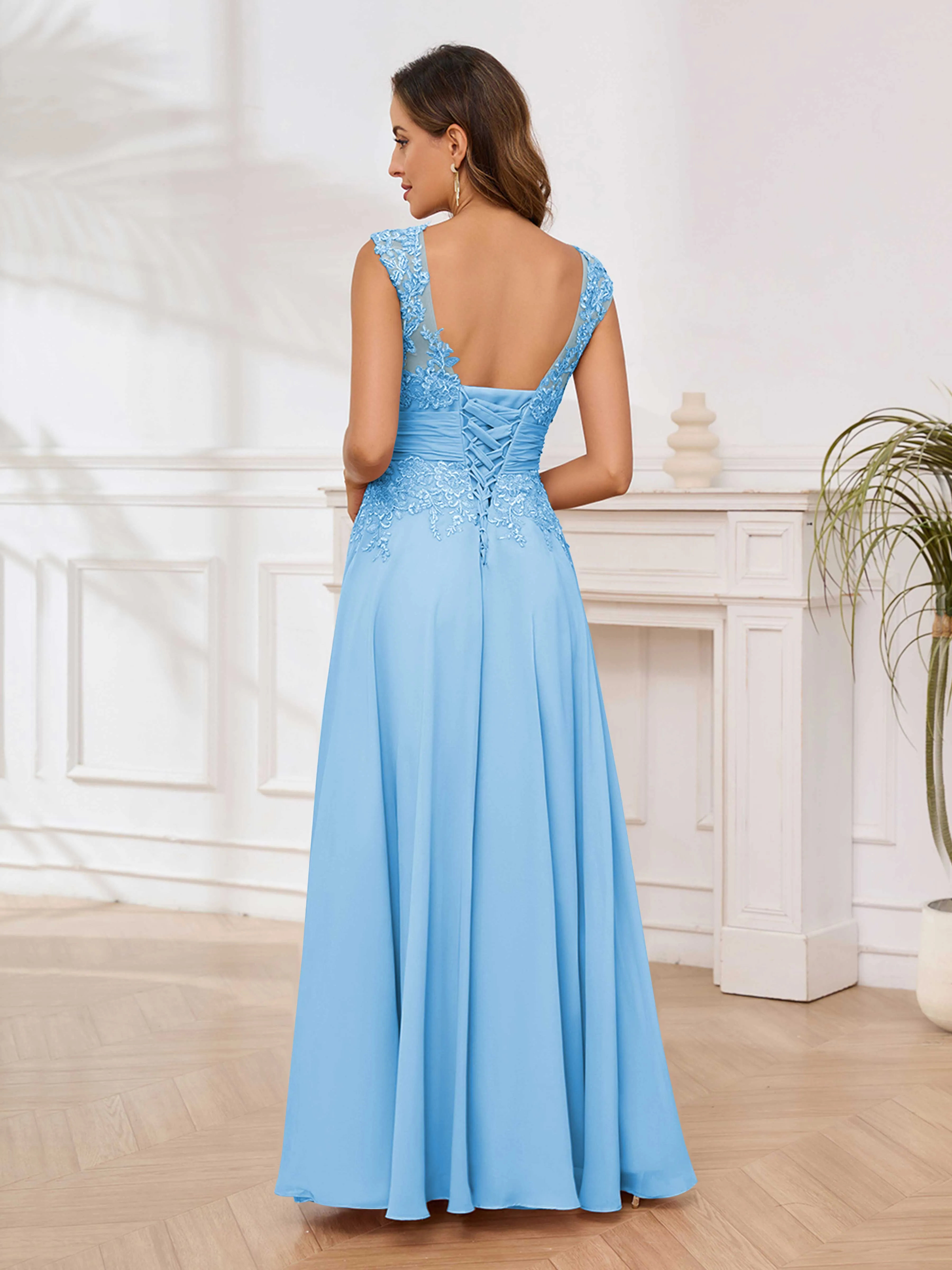 Ailani Delicate A-Line V Neck Lace Pleated Long Chiffon Mother of the Bride Dresses