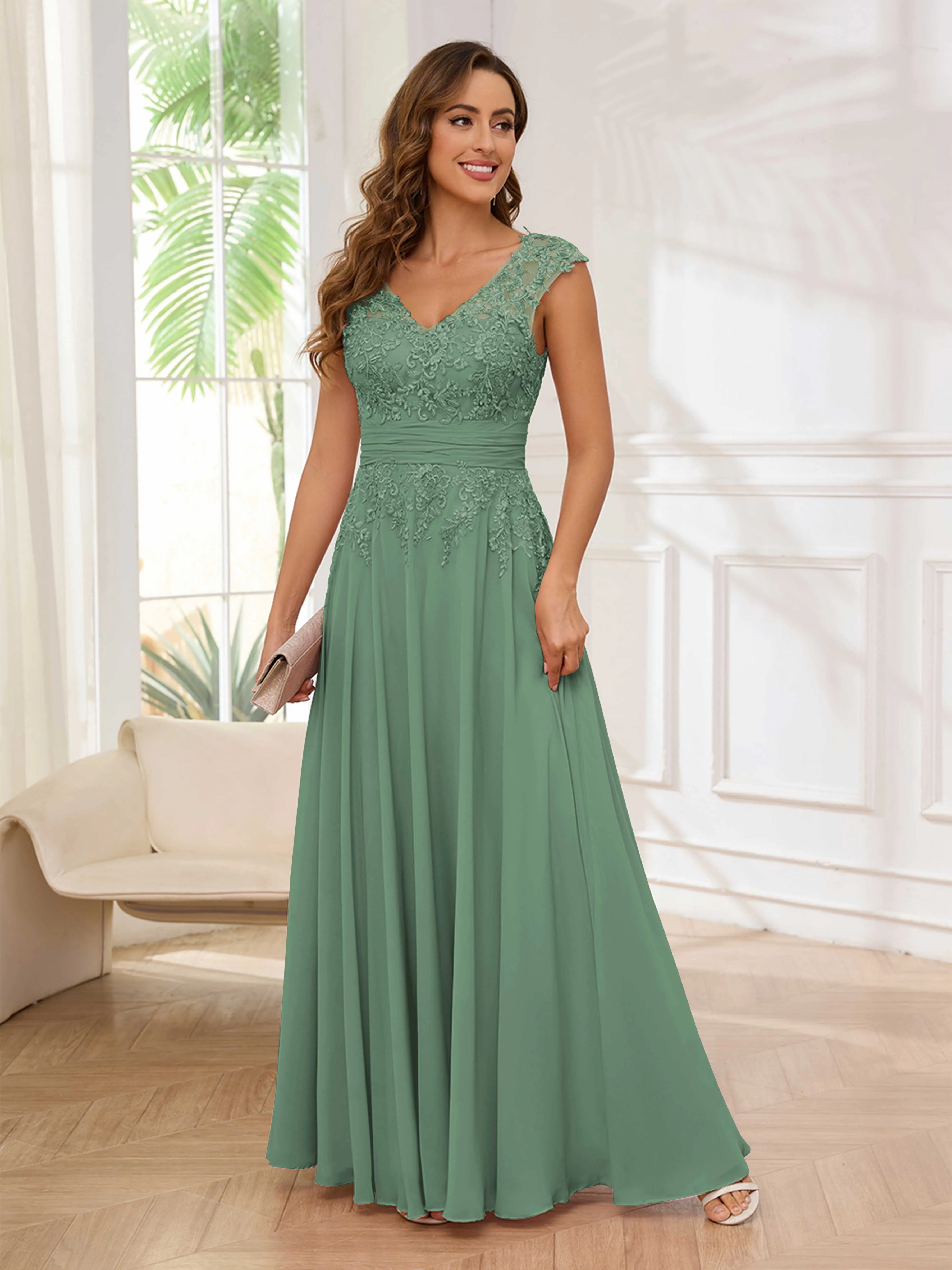 Ailani Delicate A-Line V Neck Lace Pleated Long Chiffon Mother of the Bride Dresses