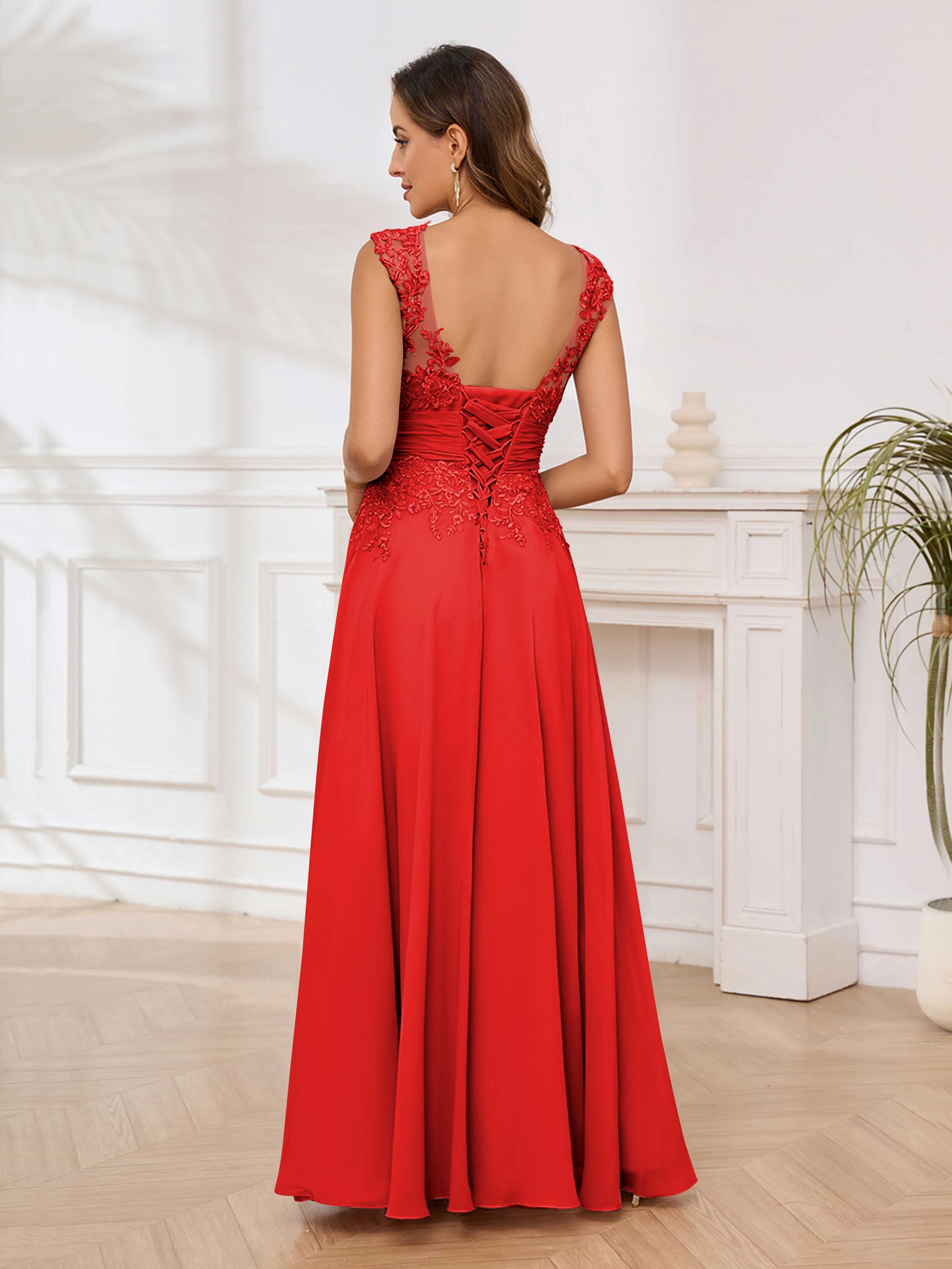 Ailani Delicate A-Line V Neck Lace Pleated Long Chiffon Mother of the Bride Dresses